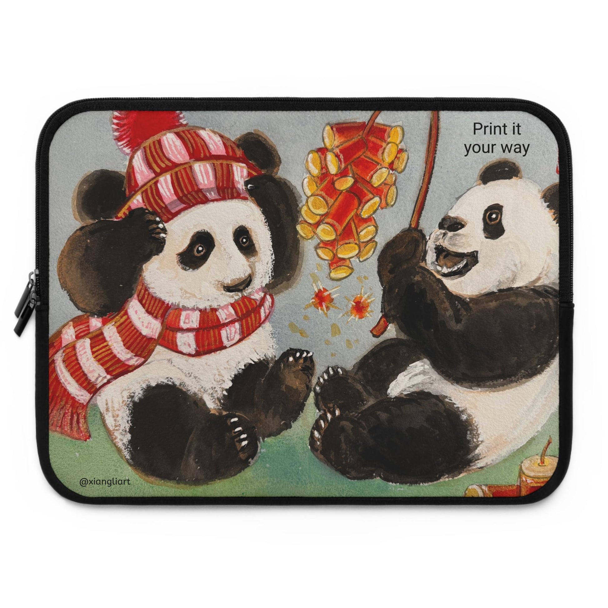 Playful Pandas with Fireworks Laptop Sleeve Chinese New Year | Cute Winter Animal Illustration