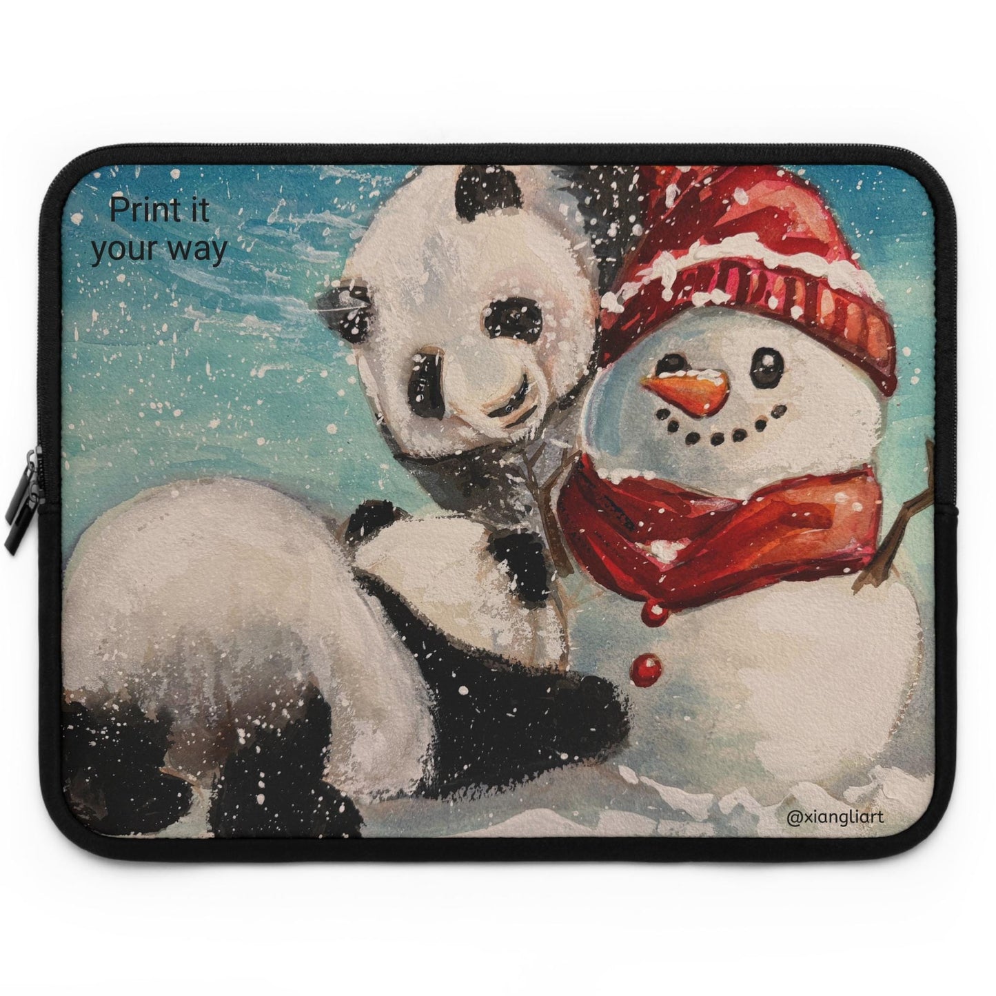 Panda and Snowman Winter Illustration Laptop Sleeve | Cute Holiday Snow Scene