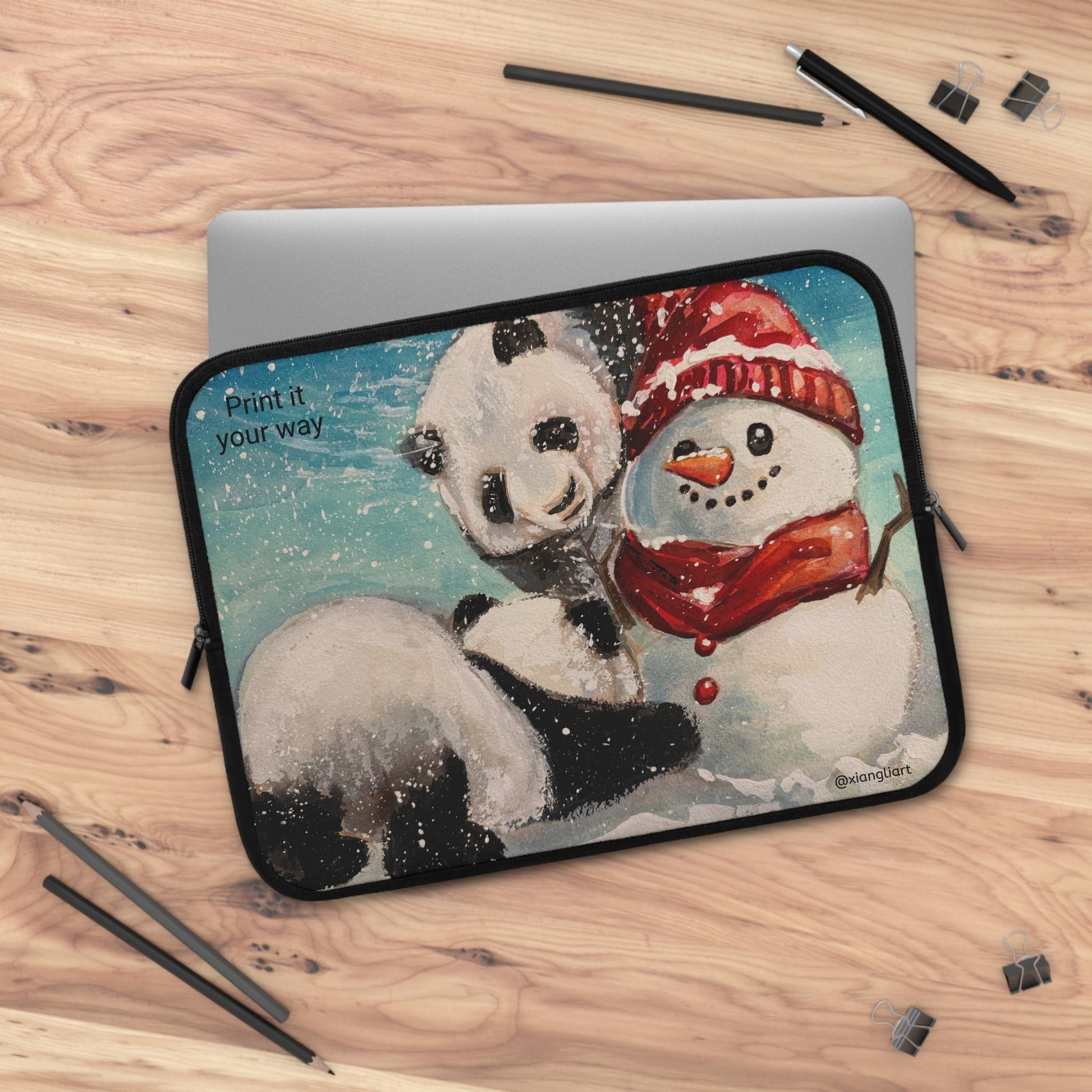 Panda and Snowman Winter Illustration Laptop Sleeve | Cute Holiday Snow Scene
