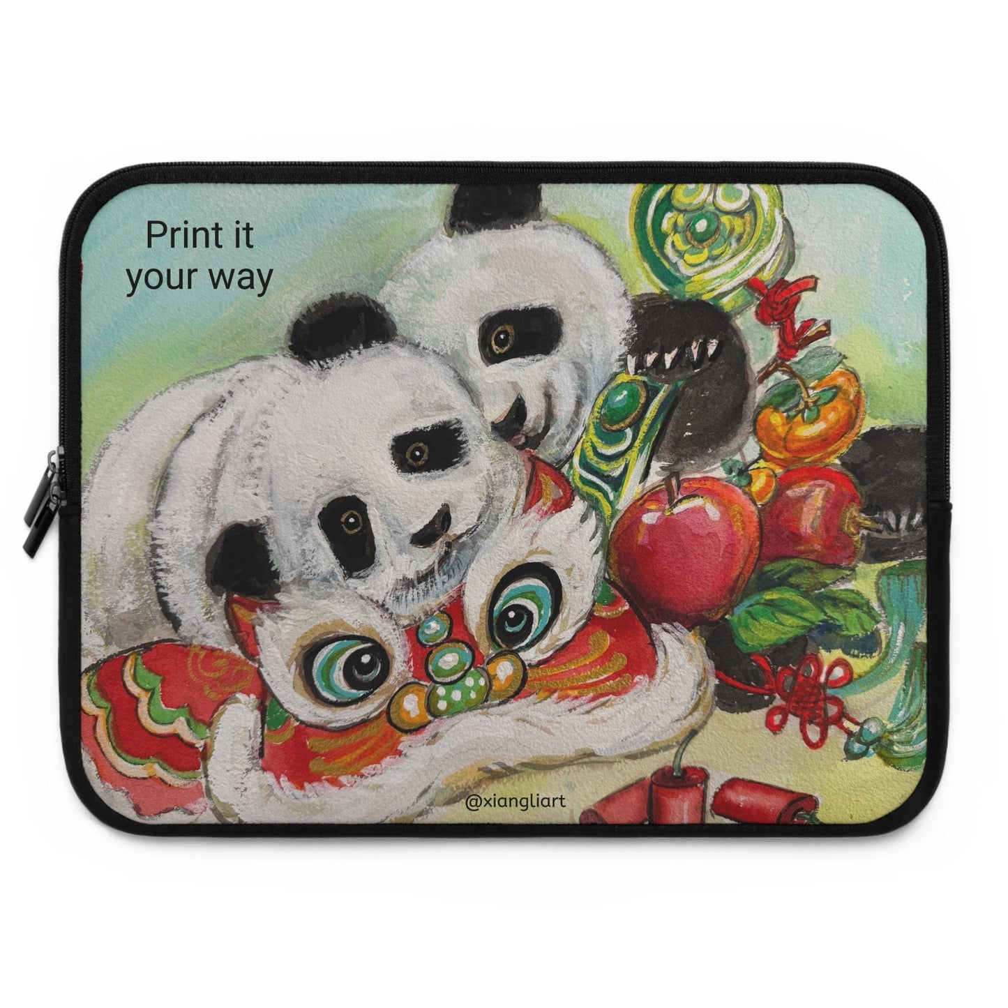 Panda Lion Dance Lunar New Year Celebration Laptop Sleeve | Cute Chinese New Year Illustration