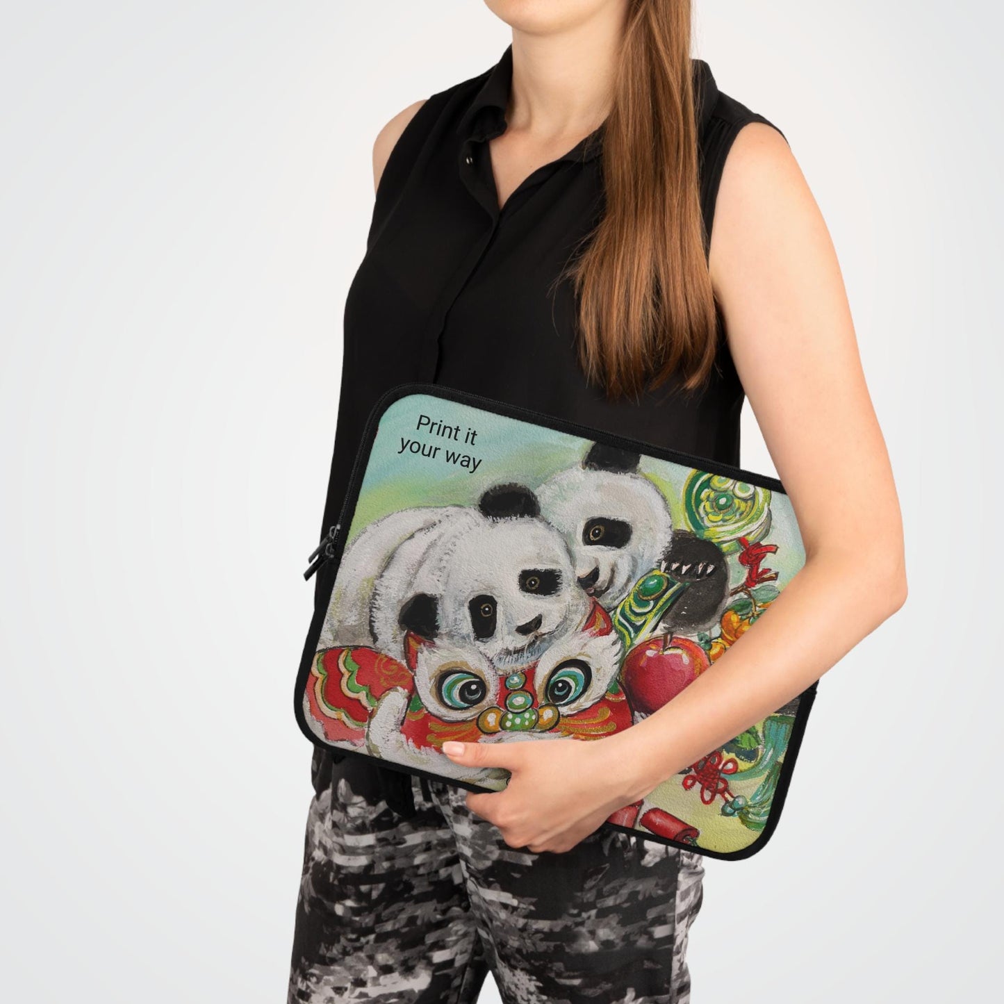 Panda Lion Dance Lunar New Year Celebration Laptop Sleeve | Cute Chinese New Year Illustration