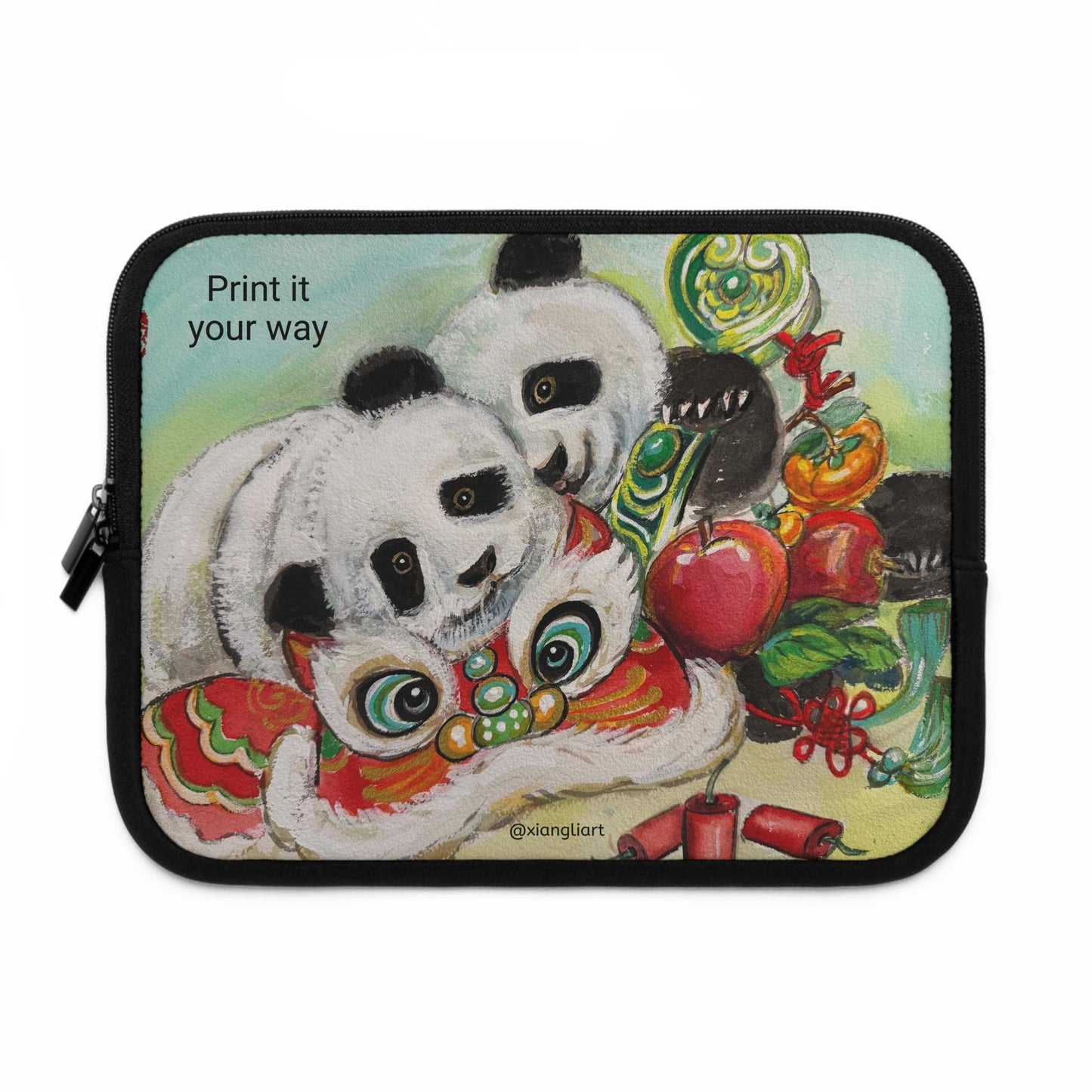 Panda Lion Dance Lunar New Year Celebration Laptop Sleeve | Cute Chinese New Year Illustration