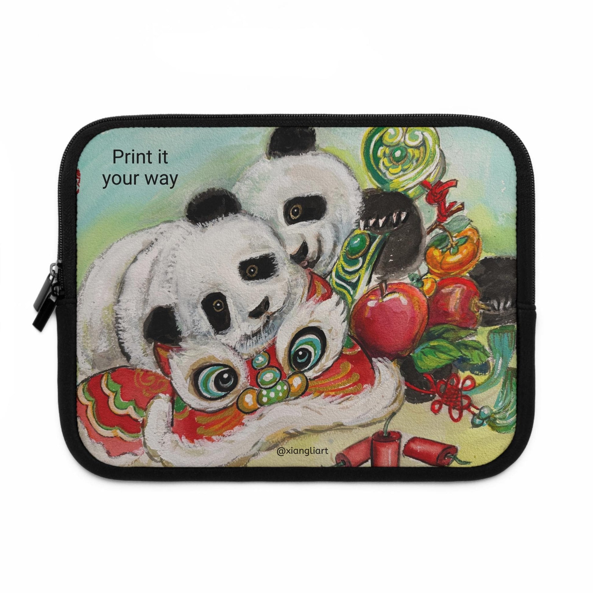 Panda Lion Dance Lunar New Year Celebration Laptop Sleeve | Cute Chinese New Year Illustration
