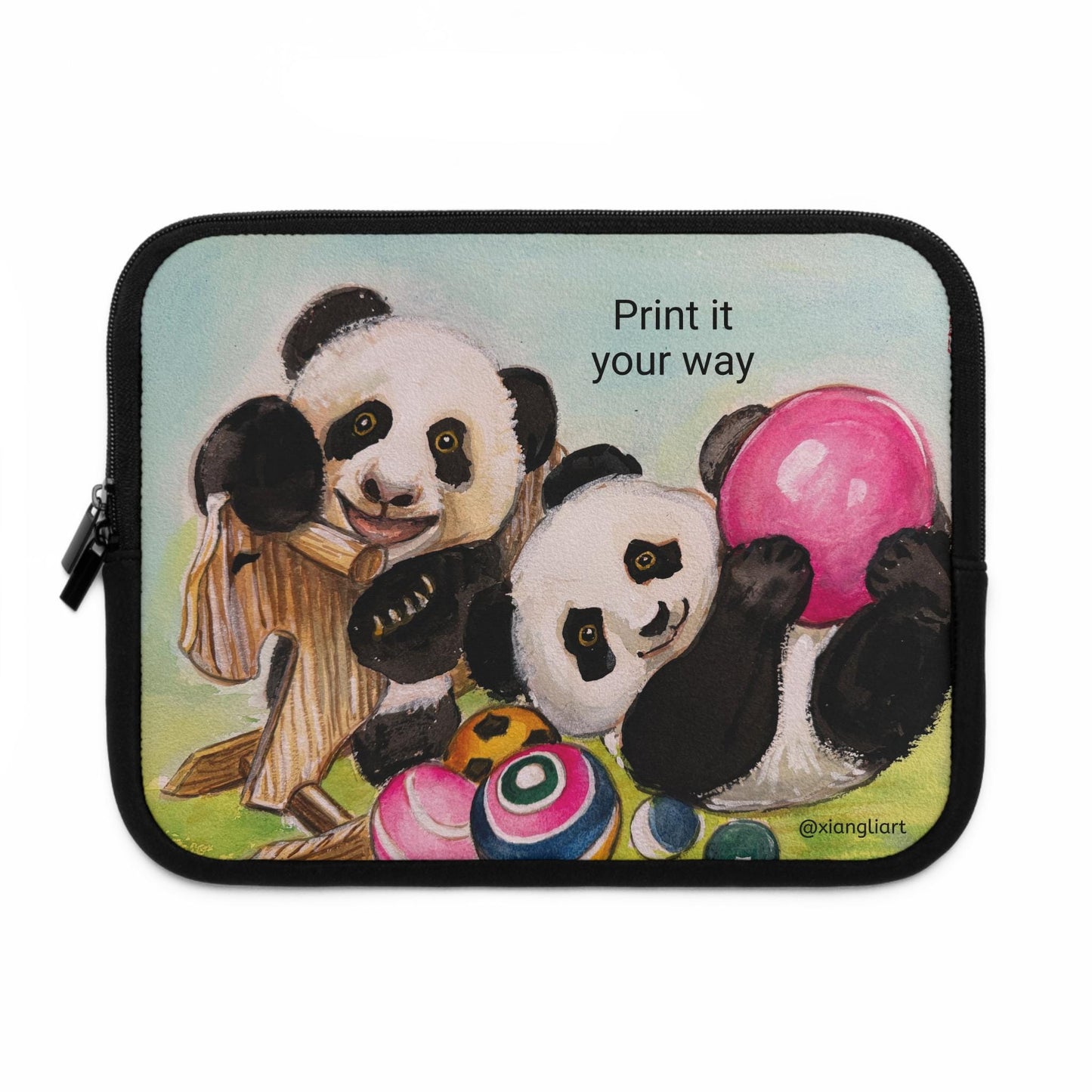 Playful Panda Cubs Laptop Sleeve Chinese Lunar New Year | Illustrated Pandas with Toys