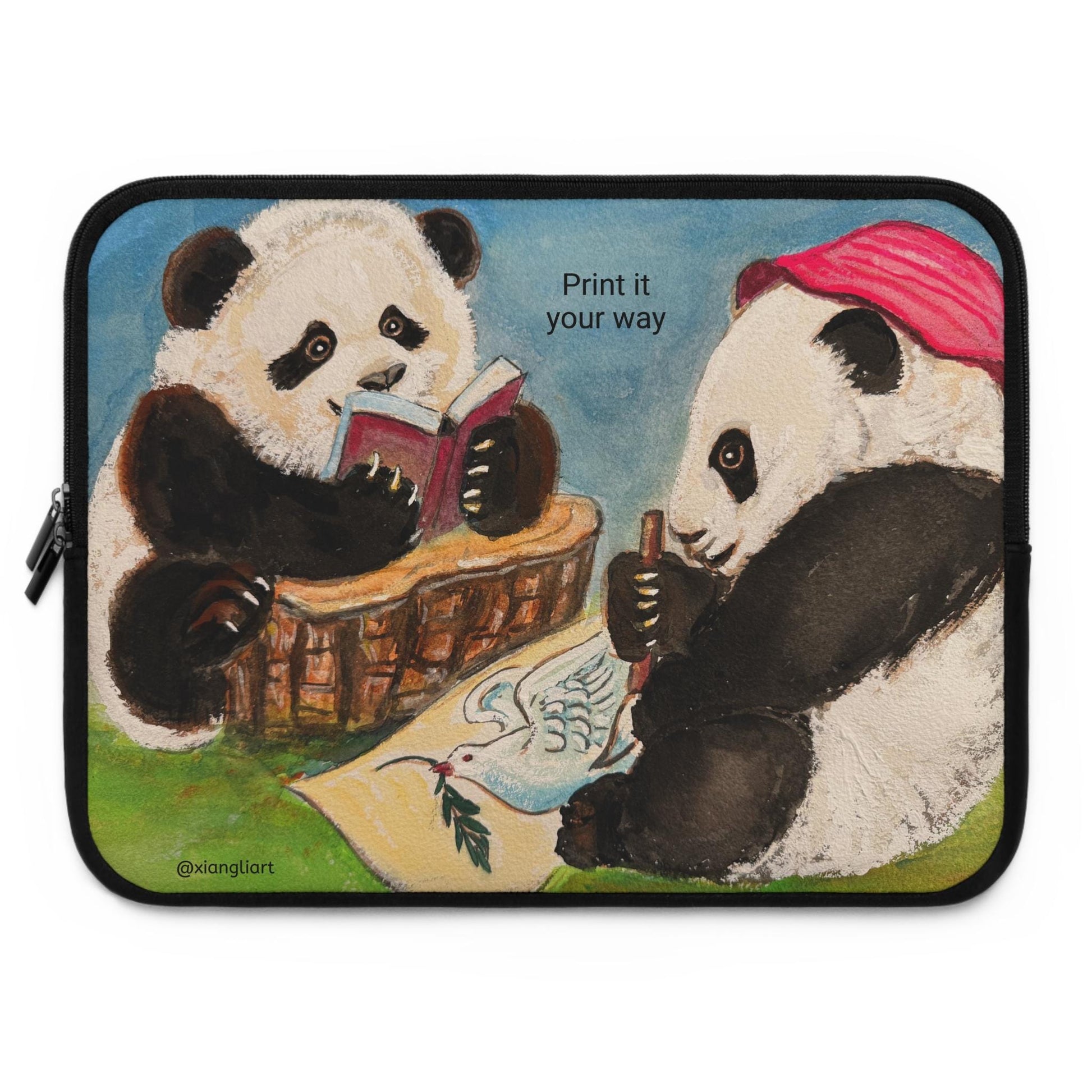 Reading Pandas Laptop Sleeve Chinese Lunar New Year Best Gift | Cute Book-Loving Panda Illustration
