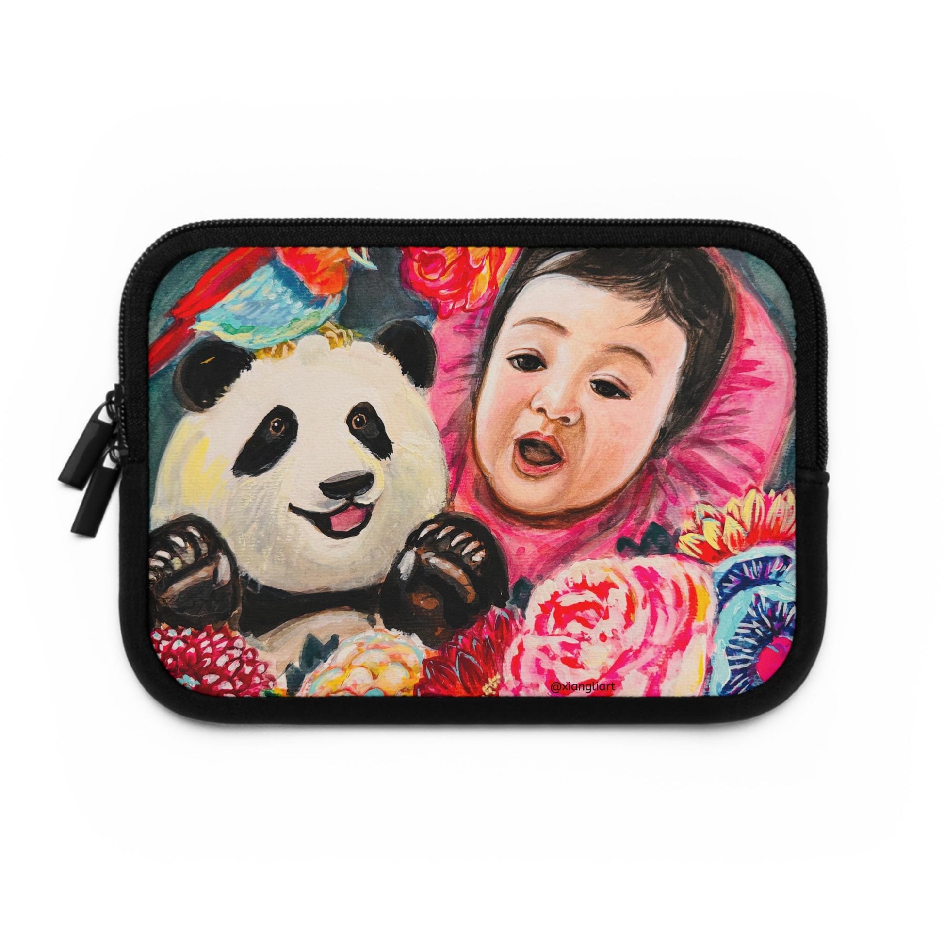 Baby and Panda Floral Art, Chinese Lunar New Year Gift, Laptop Sleeve | Colorful Nursery Illustration