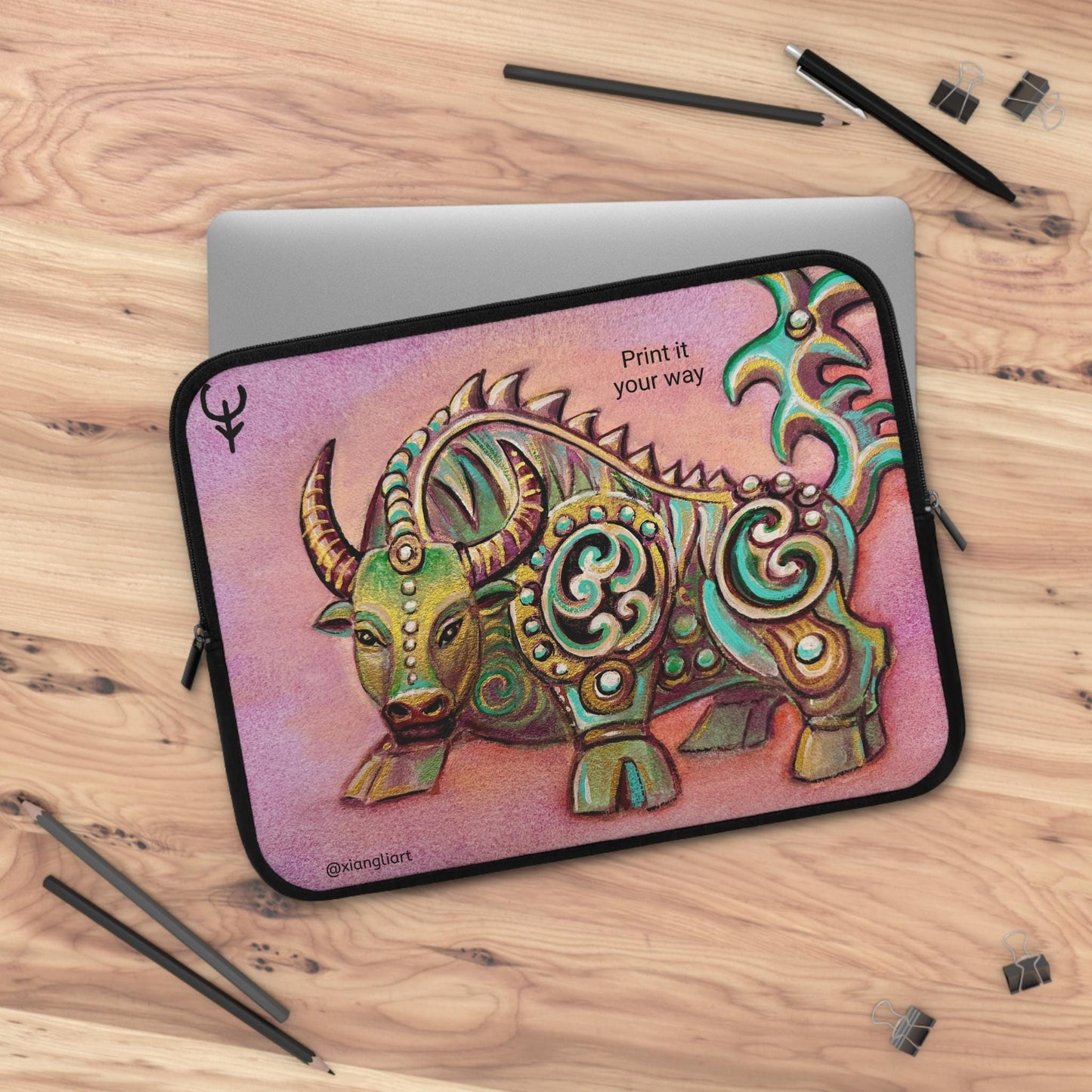 Decorative Jade Ox illustration Chinese Horoscope Lunar New Year Celebration Gift Laptop Sleeve | Zodiac Bull art, pastel background
