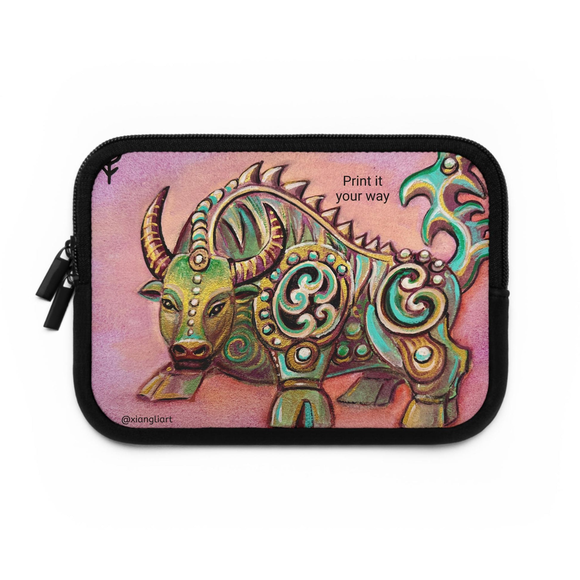 Decorative Jade Ox illustration Chinese Horoscope Lunar New Year Celebration Gift Laptop Sleeve | Zodiac Bull art, pastel background