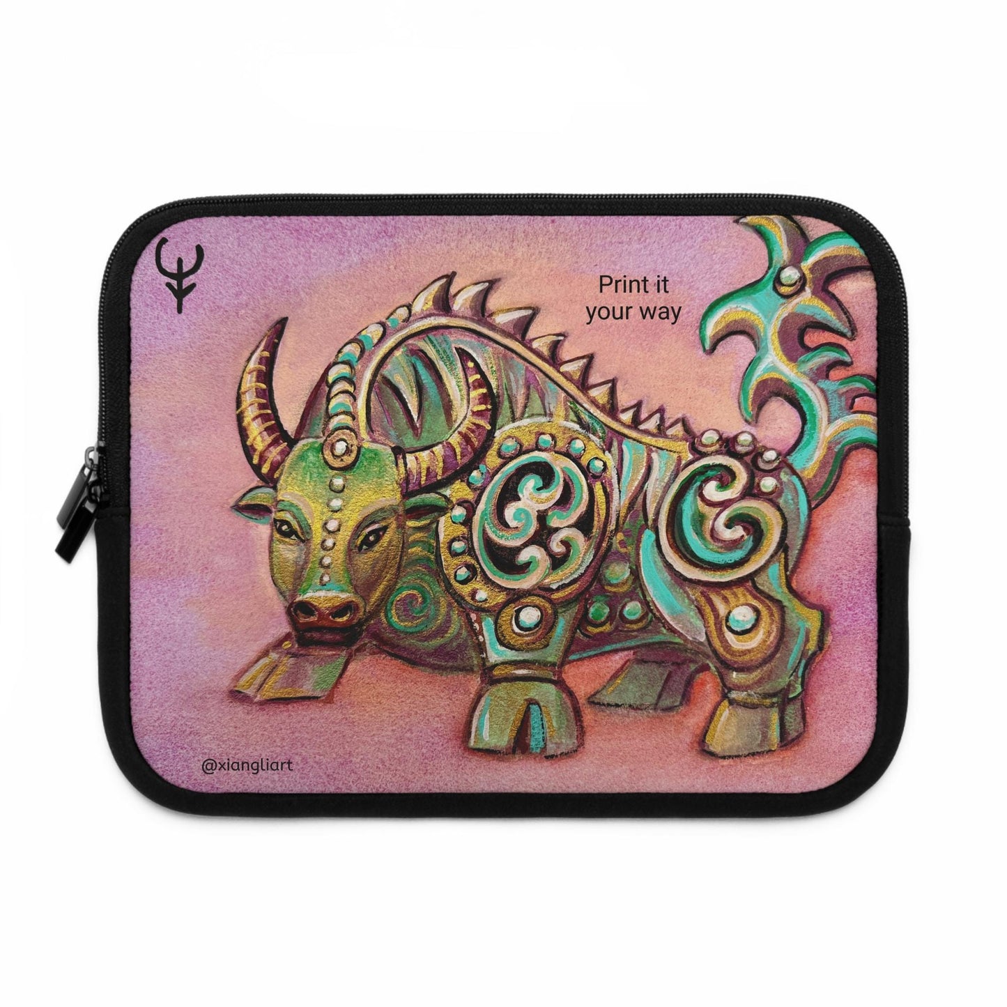 Decorative Jade Ox illustration Chinese Horoscope Lunar New Year Celebration Gift Laptop Sleeve | Zodiac Bull art, pastel background