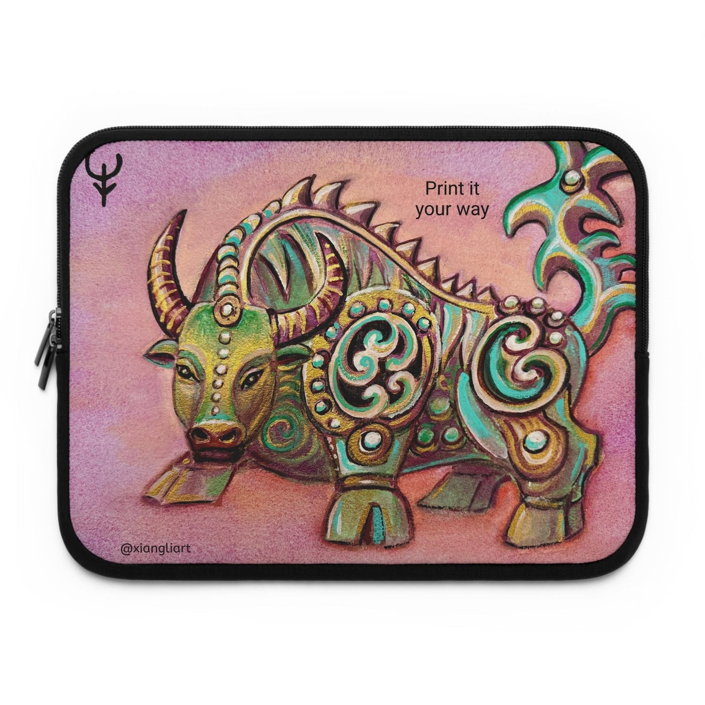 Decorative Jade Ox illustration Chinese Horoscope Lunar New Year Celebration Gift Laptop Sleeve | Zodiac Bull art, pastel background