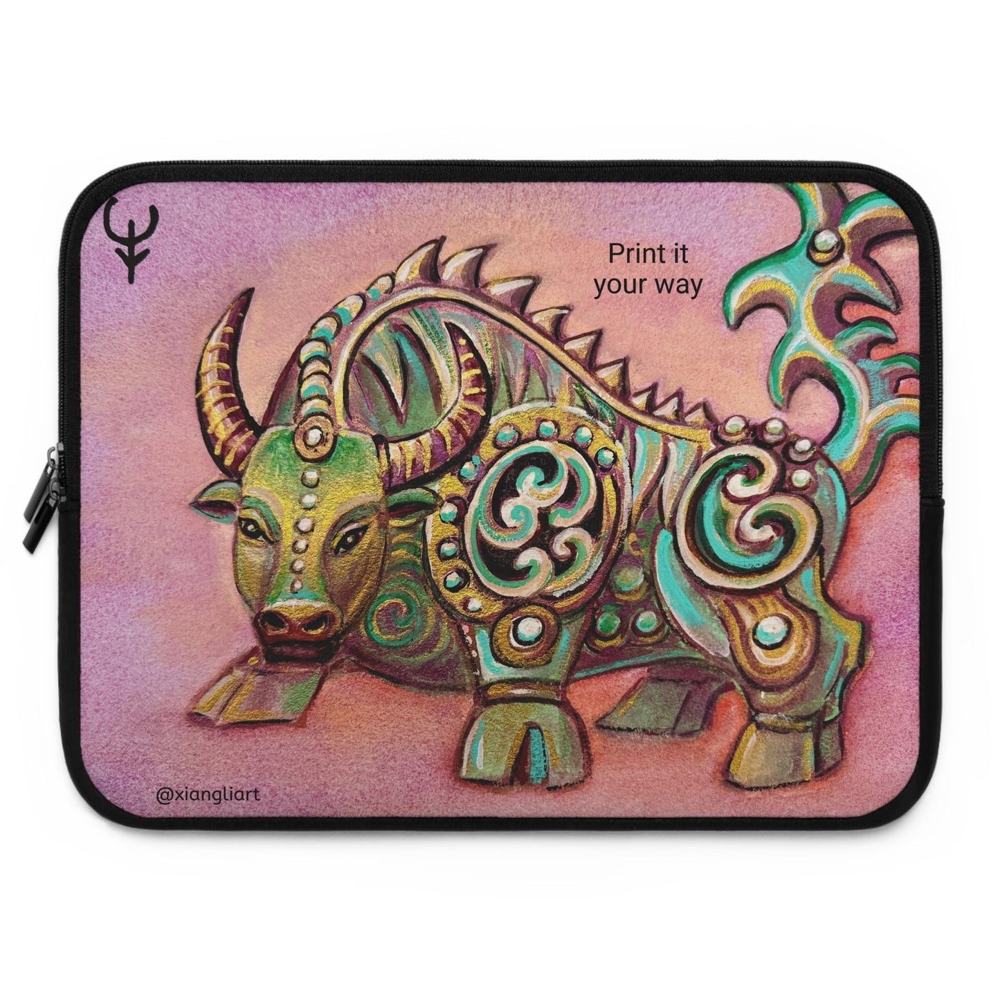 Decorative Jade Ox illustration Chinese Horoscope Lunar New Year Celebration Gift Laptop Sleeve | Zodiac Bull art, pastel background