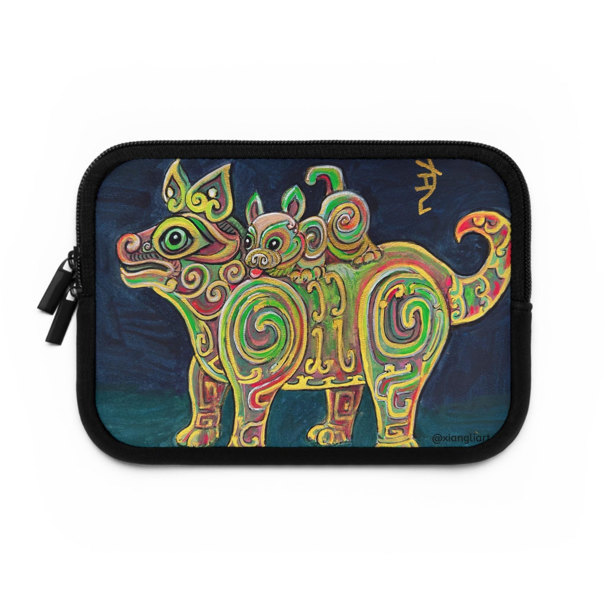 Chinese Horoscope Lunar New Year Gift Colorful Tribal Dog with Puppy Laptop Sleeve | Neon Swirl Animal Art
