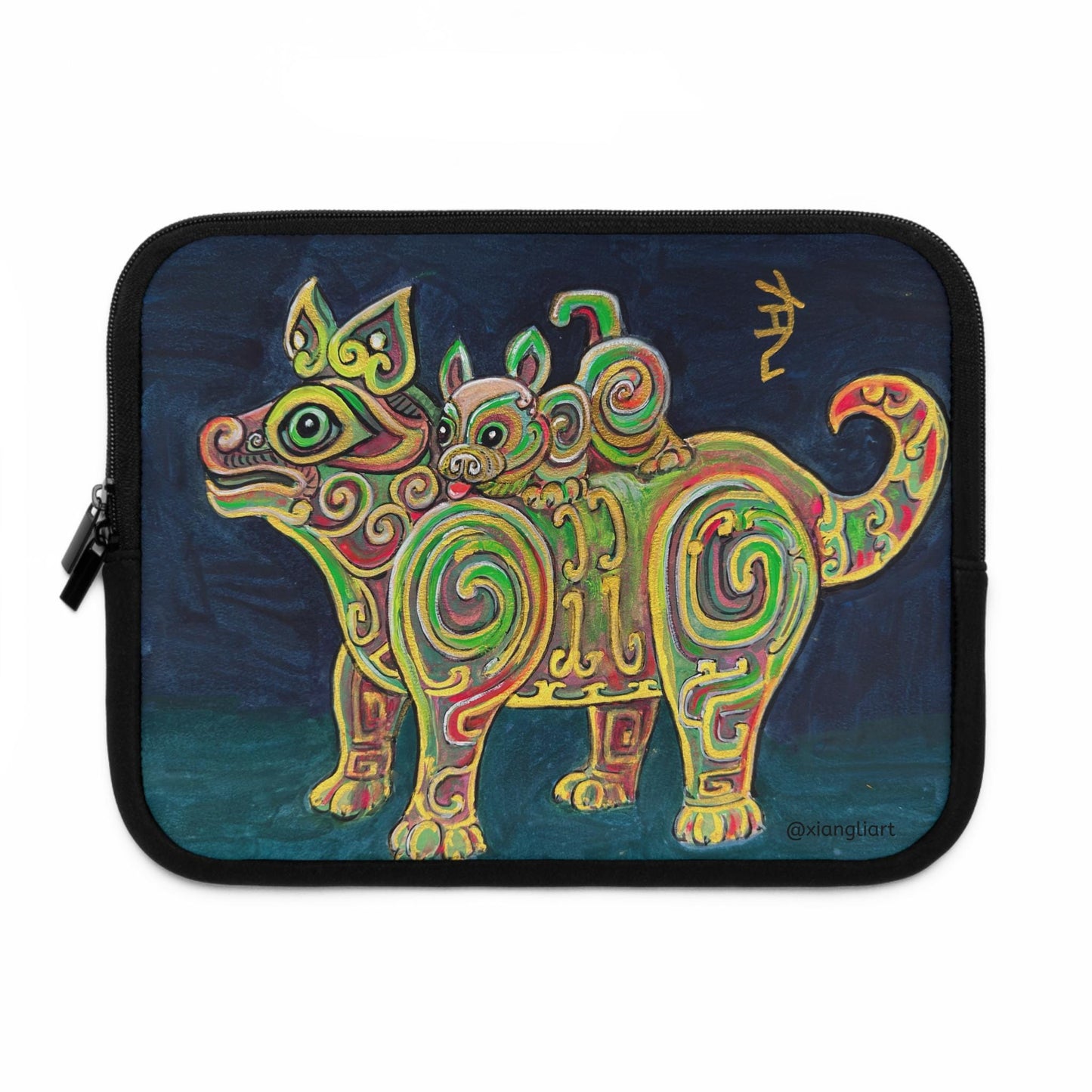 Chinese Horoscope Lunar New Year Gift Colorful Tribal Dog with Puppy Laptop Sleeve | Neon Swirl Animal Art