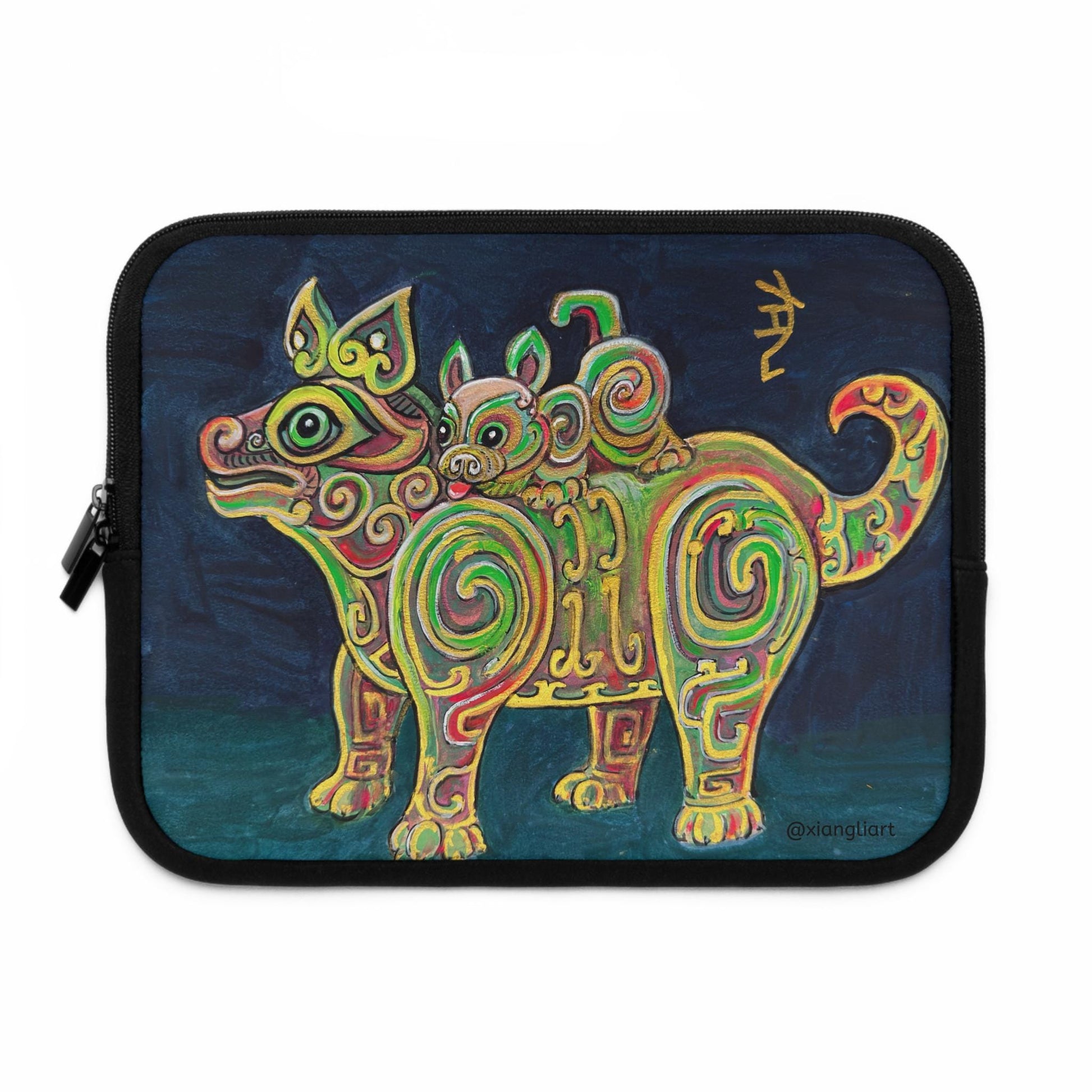 Chinese Horoscope Lunar New Year Gift Colorful Tribal Dog with Puppy Laptop Sleeve | Neon Swirl Animal Art