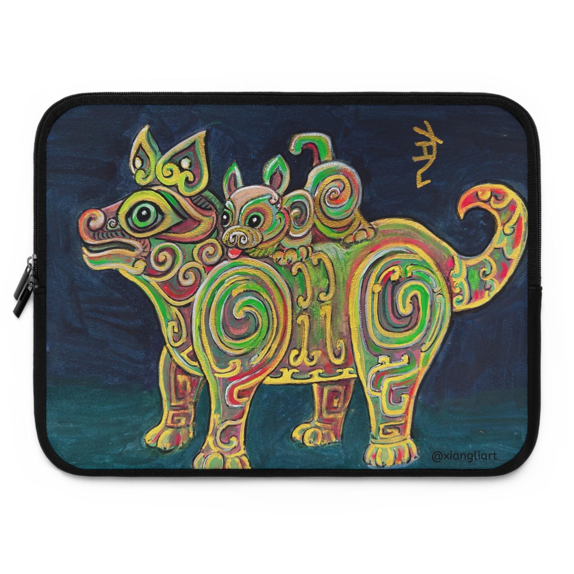 Chinese Horoscope Lunar New Year Gift Colorful Tribal Dog with Puppy Laptop Sleeve | Neon Swirl Animal Art
