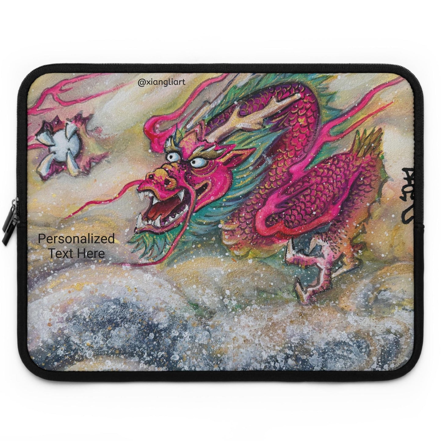 Pink Chinese Dragon Horoscope, Lunar New Year Gift, Laptop Sleeve | Watercolor Dragon Artwork, Personalized Text Option