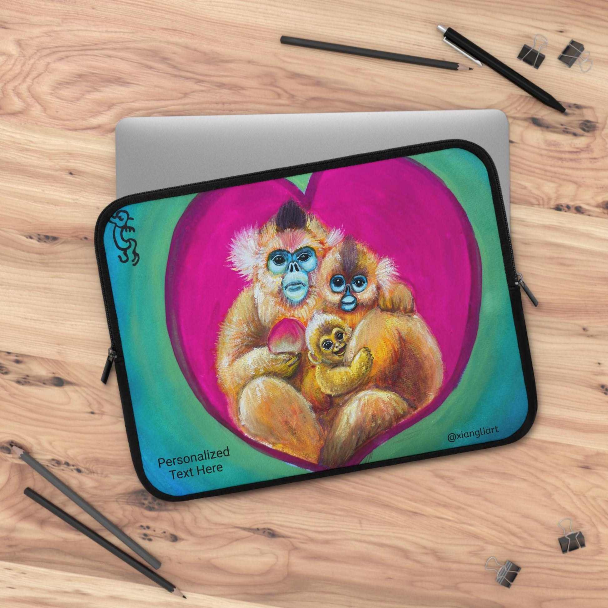 Golden Monkey Family Chinese Horoscope Monkey Lunar New Year Laptop Sleeve | Colorful Nursery Animal Art