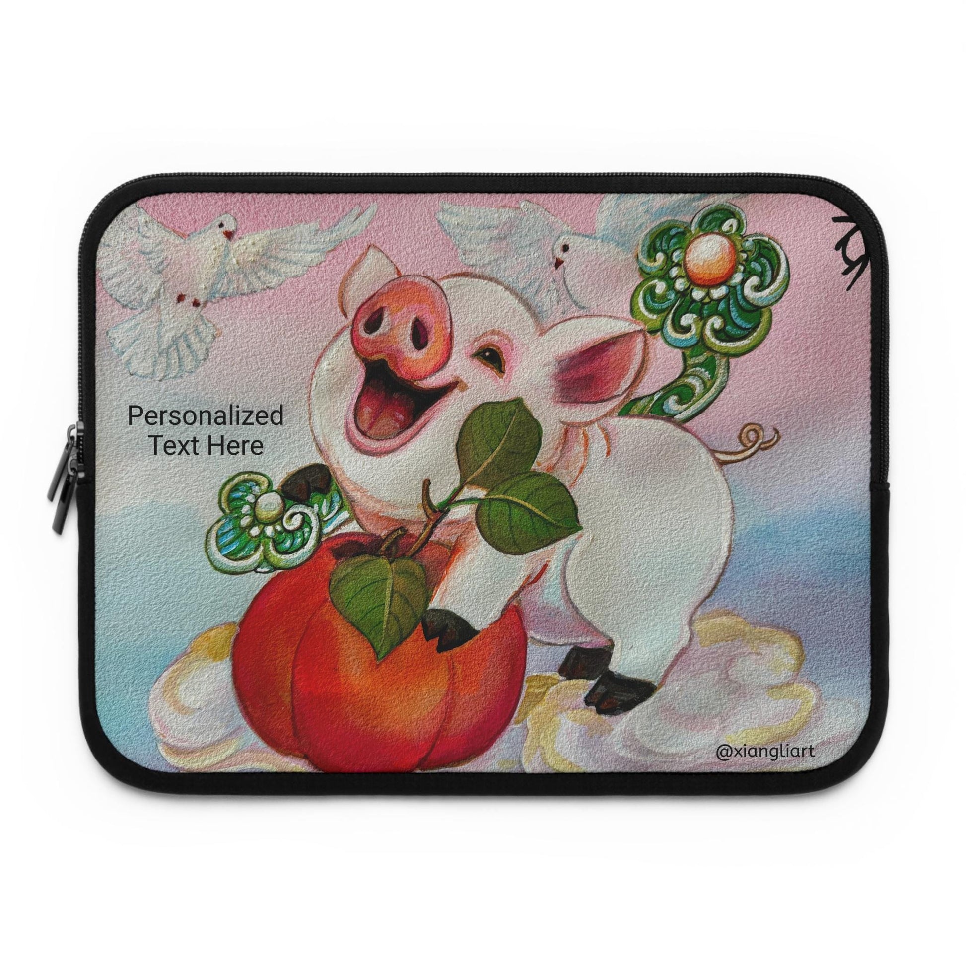 Chinese Horoscope Piglet Lunar New Year Smiling Pig with Peach Laptop Sleeve | Cute Animal Illustration