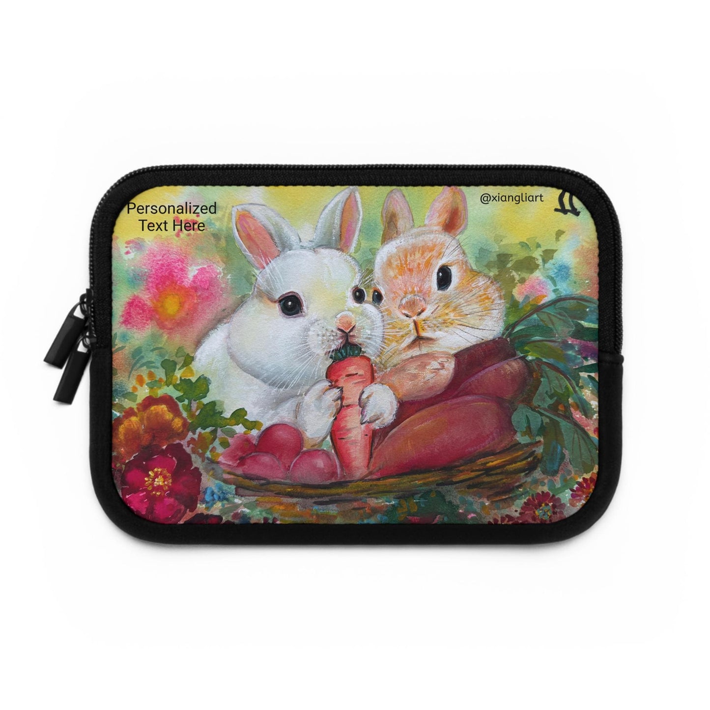 Chinese Horoscope Year of Rabbit Lunar New Year Gift Bunny Basket Illustration Laptop Sleeve | Cute Rabbits, Floral Carrots