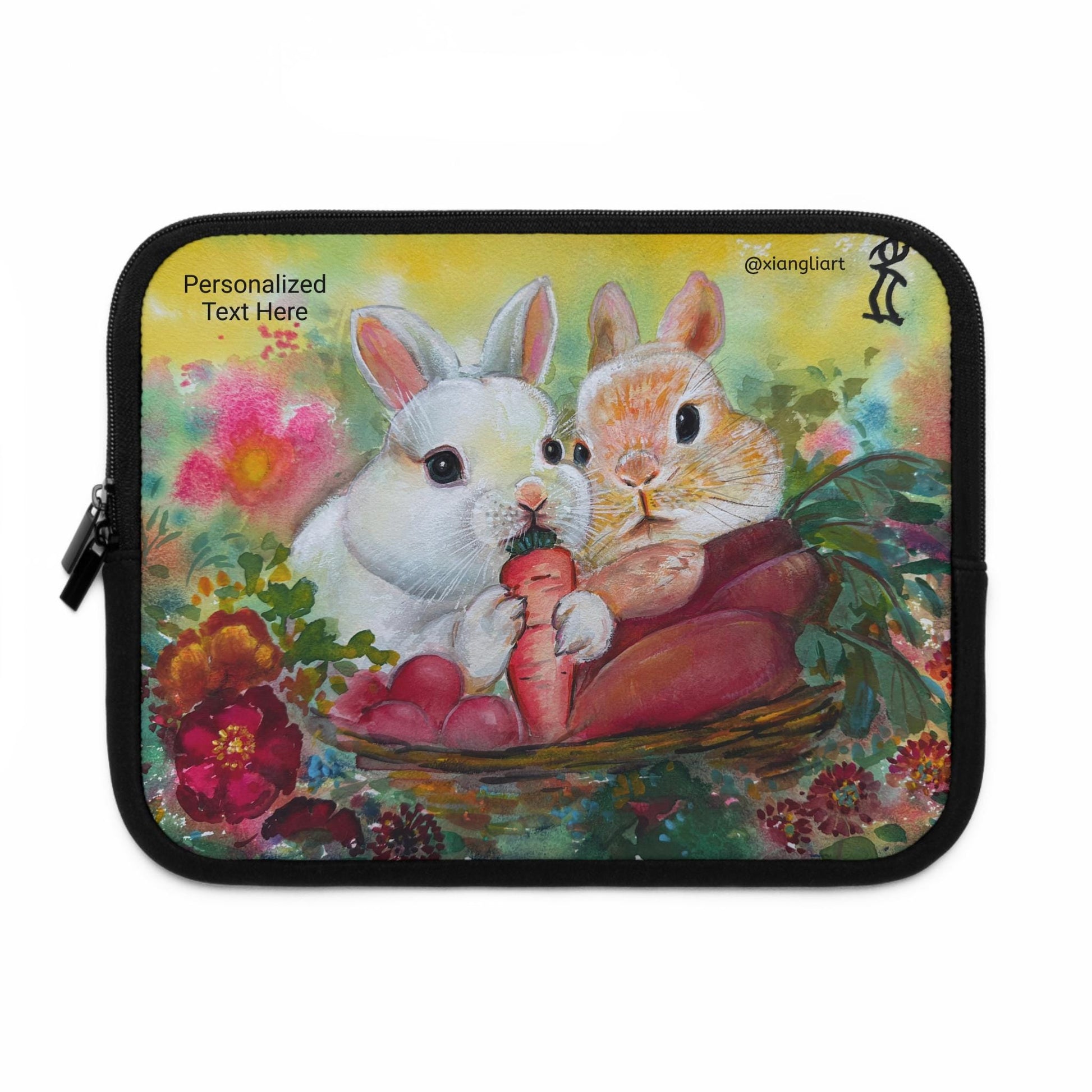 Chinese Horoscope Year of Rabbit Lunar New Year Gift Bunny Basket Illustration Laptop Sleeve | Cute Rabbits, Floral Carrots