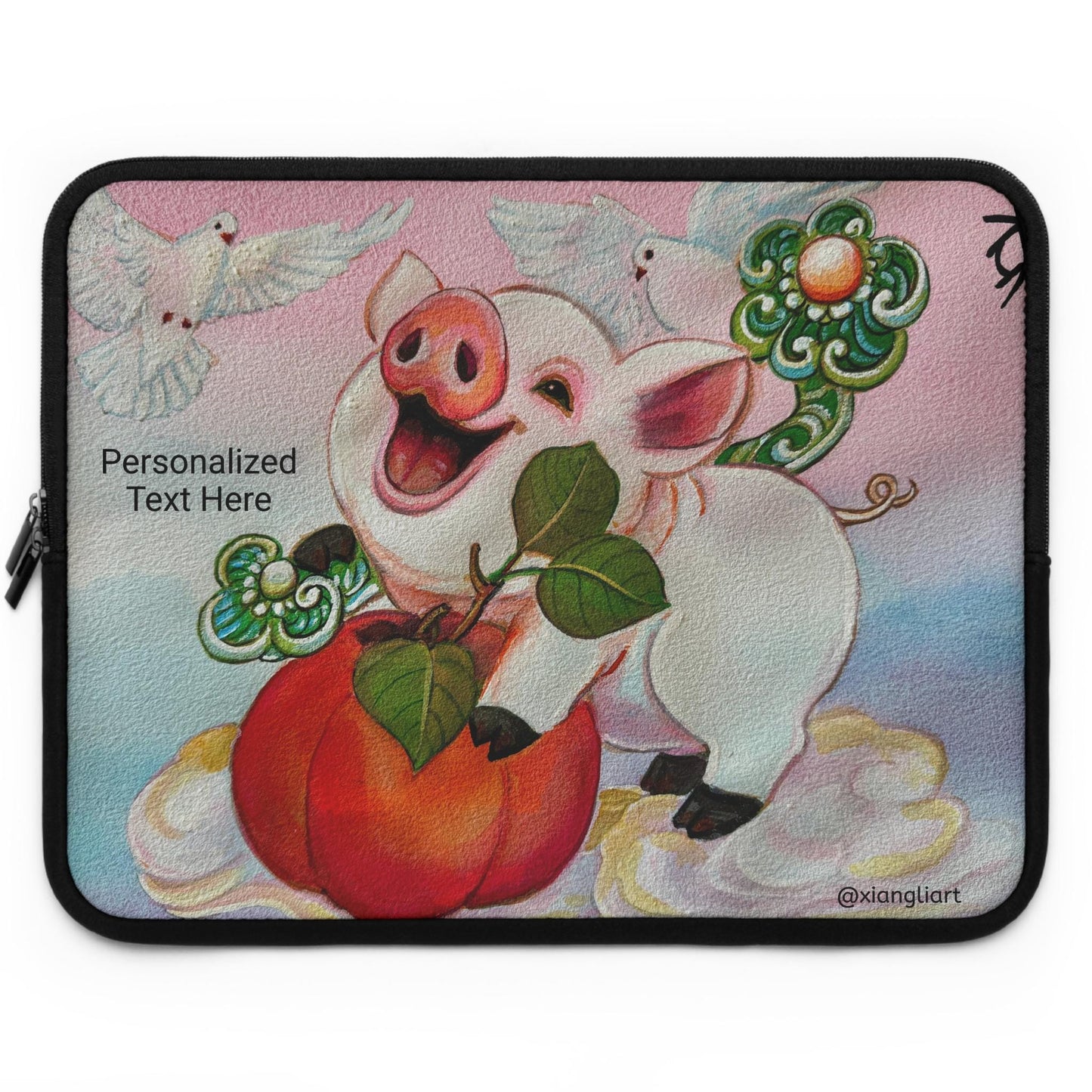 Chinese Horoscope Piglet Lunar New Year Smiling Pig with Peach Laptop Sleeve | Cute Animal Illustration