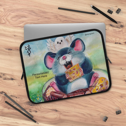 Chinese Horoscope Rat Lunar New Year Cheerful Cartoon Mouse Eating Cheese Laptop Sleeve | Cute Animal Sleeve