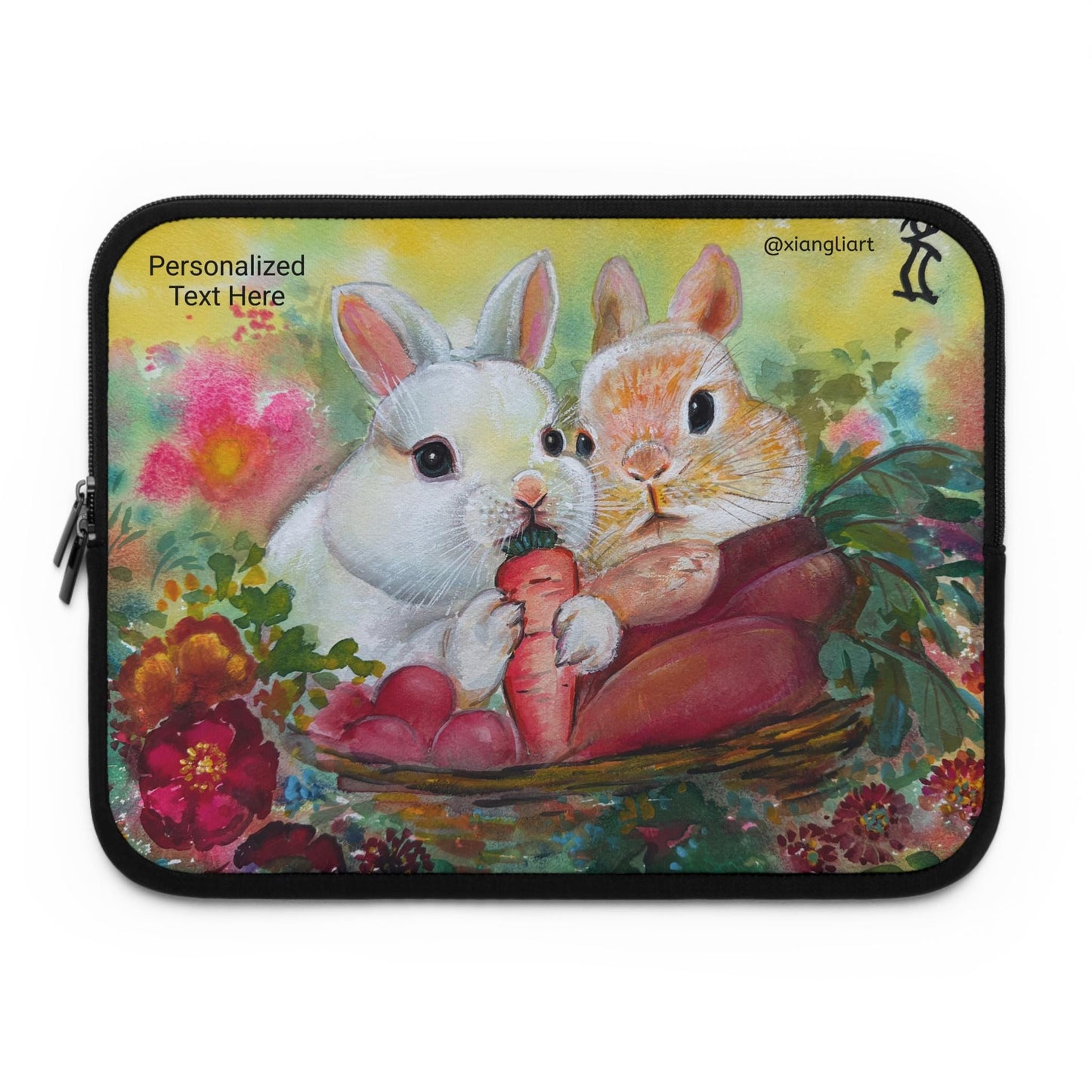 Chinese Horoscope Year of Rabbit Lunar New Year Gift Bunny Basket Illustration Laptop Sleeve | Cute Rabbits, Floral Carrots