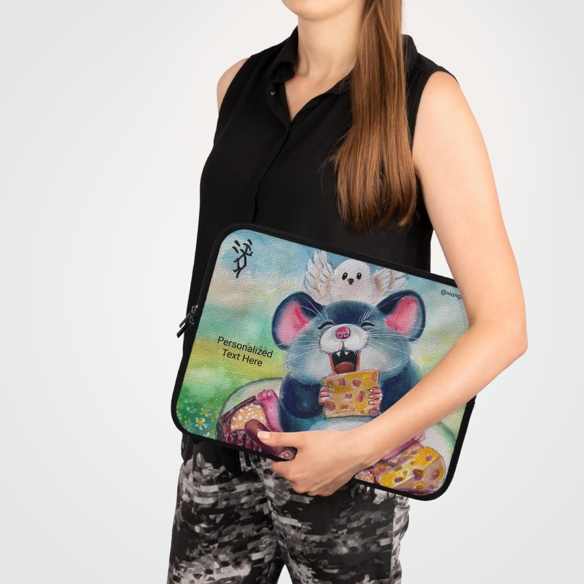 Chinese Horoscope Rat Lunar New Year Cheerful Cartoon Mouse Eating Cheese Laptop Sleeve | Cute Animal Sleeve