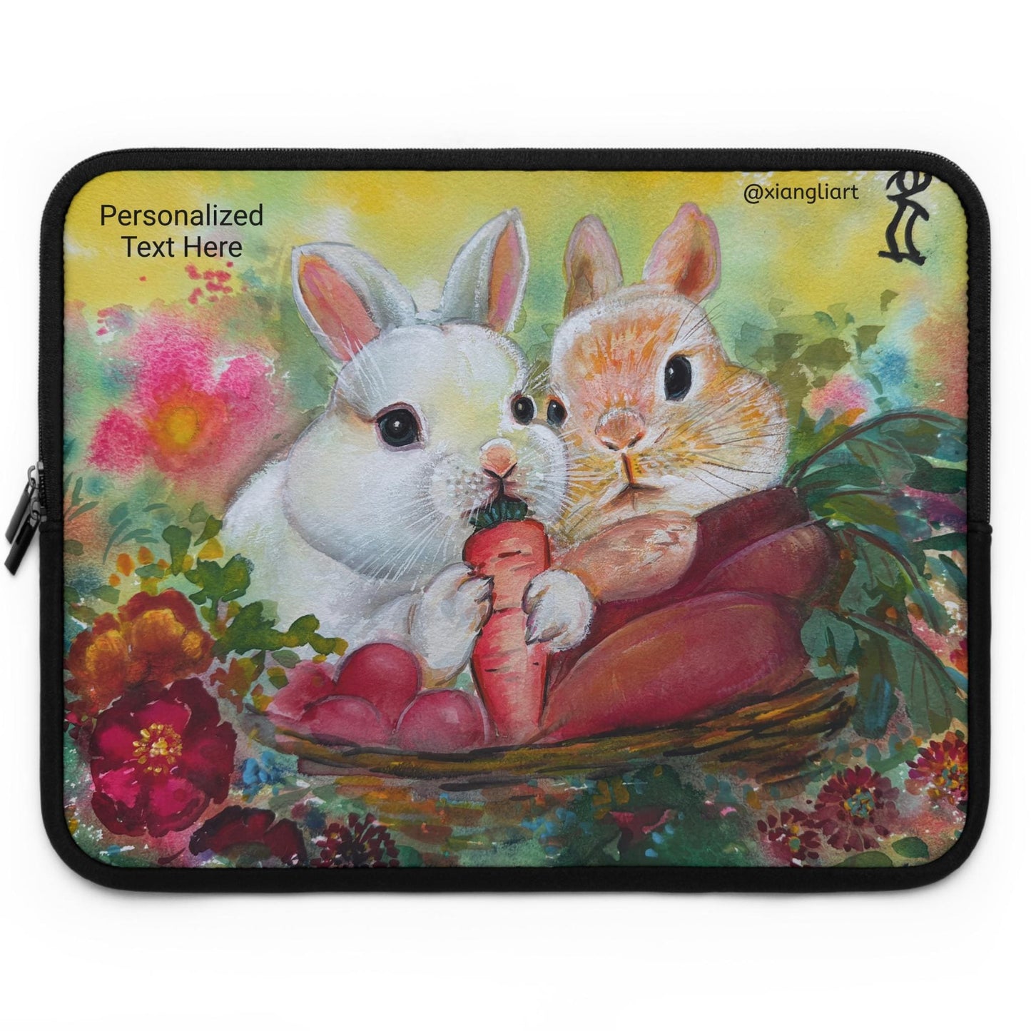 Chinese Horoscope Year of Rabbit Lunar New Year Gift Bunny Basket Illustration Laptop Sleeve | Cute Rabbits, Floral Carrots
