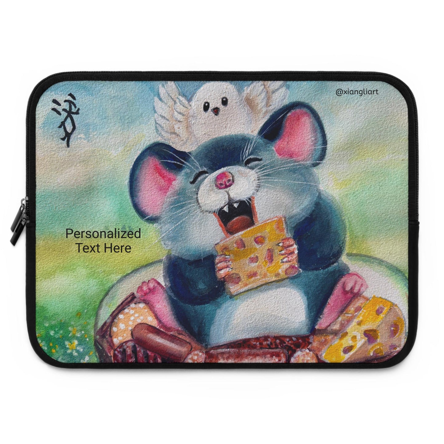 Chinese Horoscope Rat Lunar New Year Cheerful Cartoon Mouse Eating Cheese Laptop Sleeve | Cute Animal Sleeve