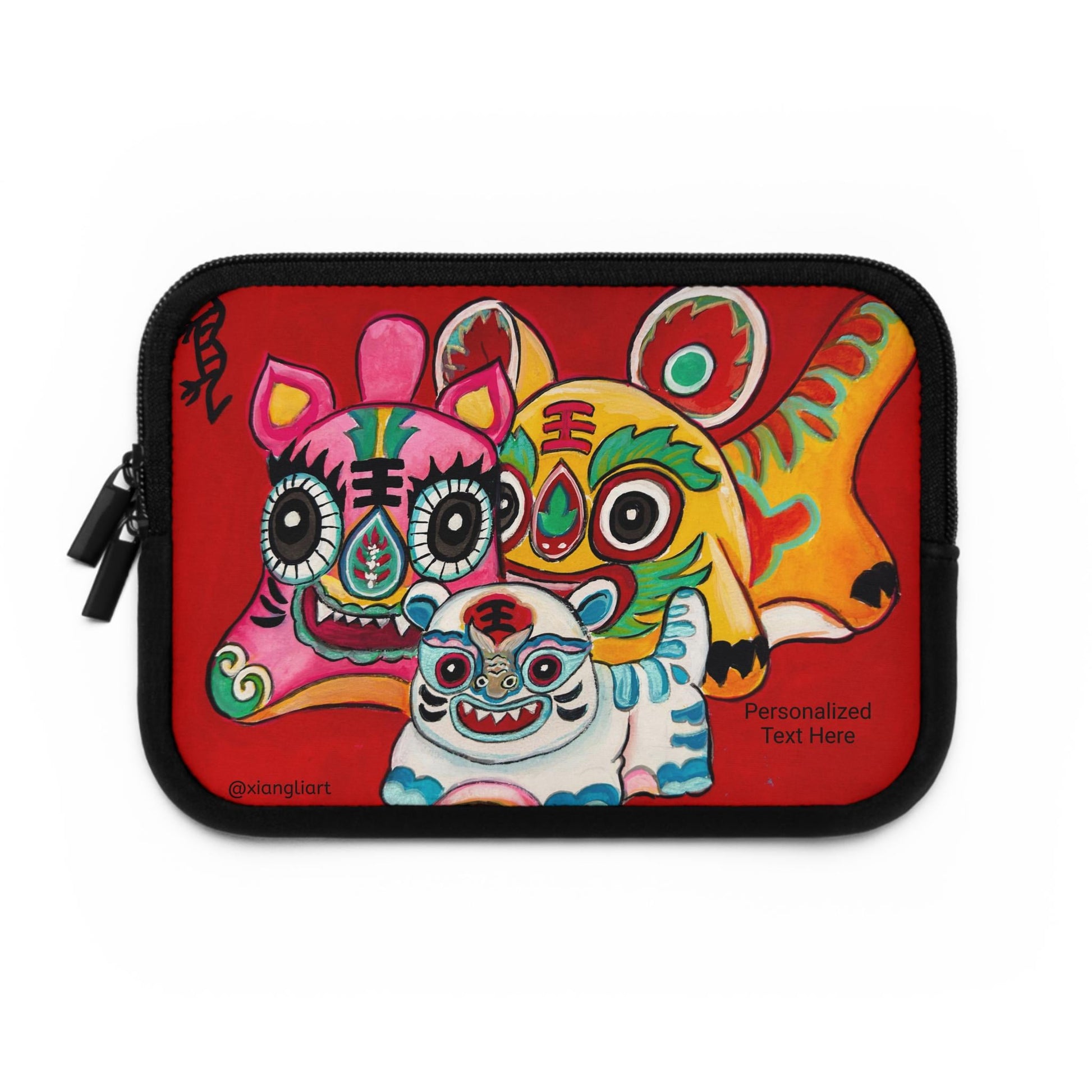 Chinese Horoscope Lunar New Year Tiger Mask Trio Laptop Sleeve | Colorful Chinese Lion Art, Protective Neoprene