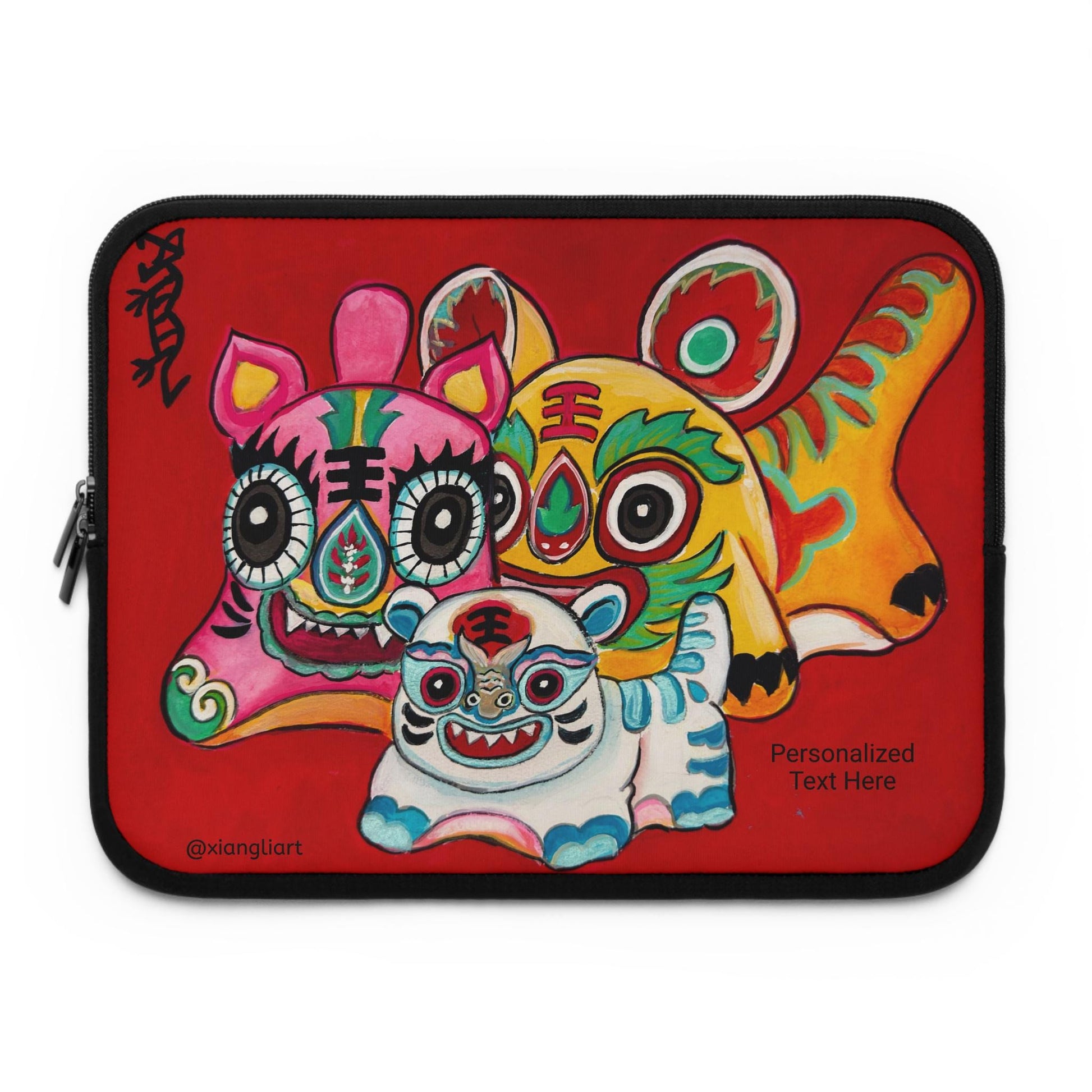 Chinese Horoscope Lunar New Year Tiger Mask Trio Laptop Sleeve | Colorful Chinese Lion Art, Protective Neoprene