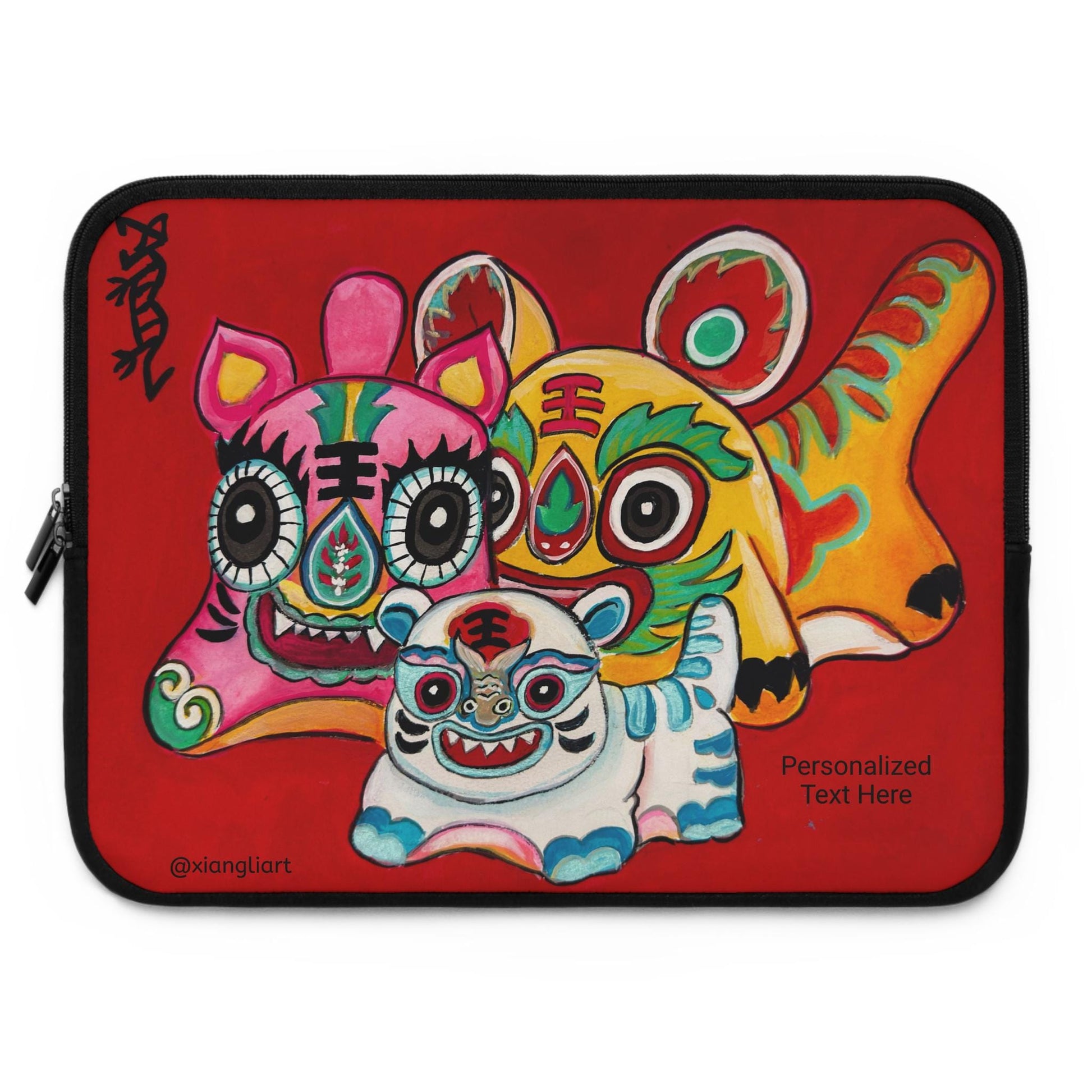Chinese Horoscope Lunar New Year Tiger Mask Trio Laptop Sleeve | Colorful Chinese Lion Art, Protective Neoprene