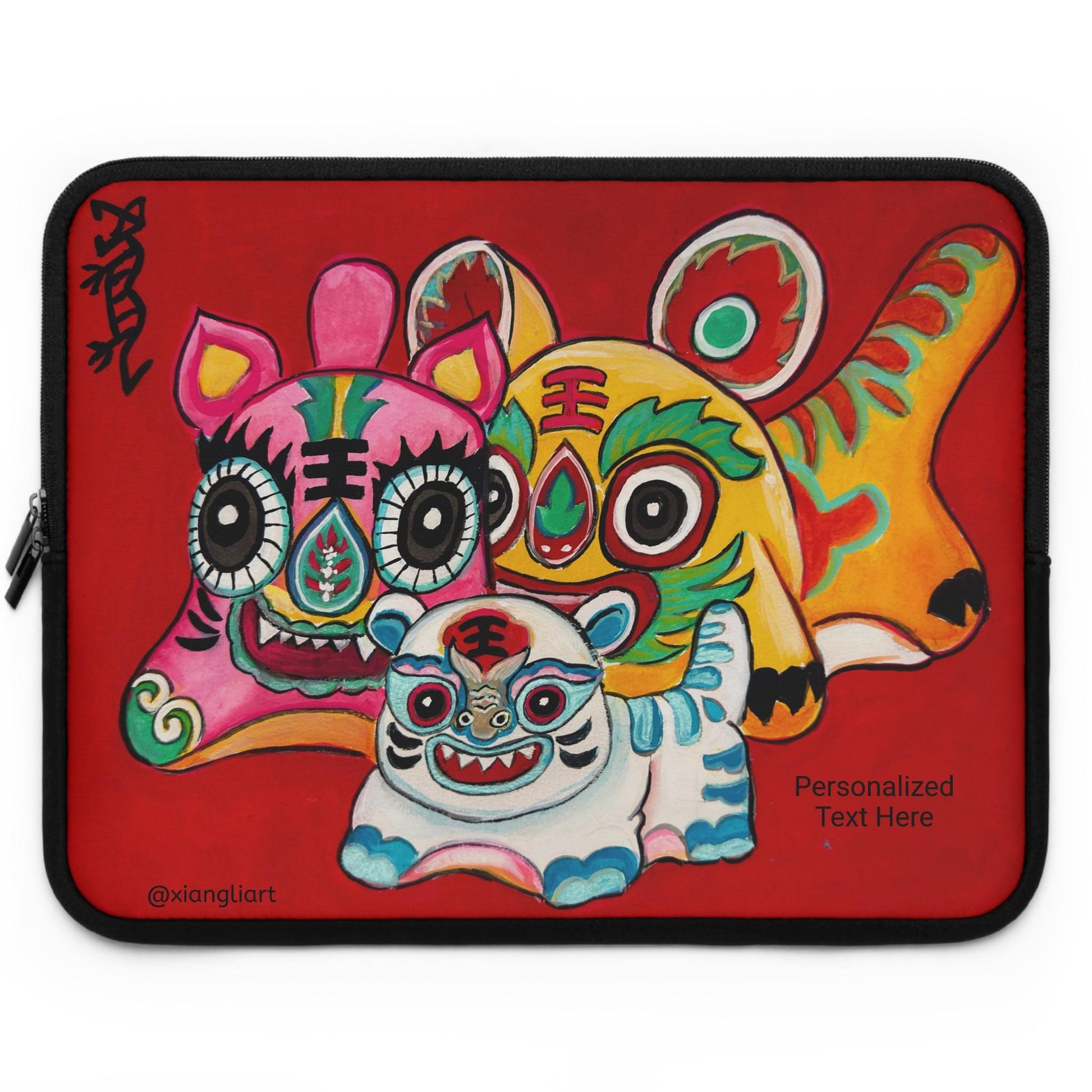 Chinese Horoscope Lunar New Year Tiger Mask Trio Laptop Sleeve | Colorful Chinese Lion Art, Protective Neoprene