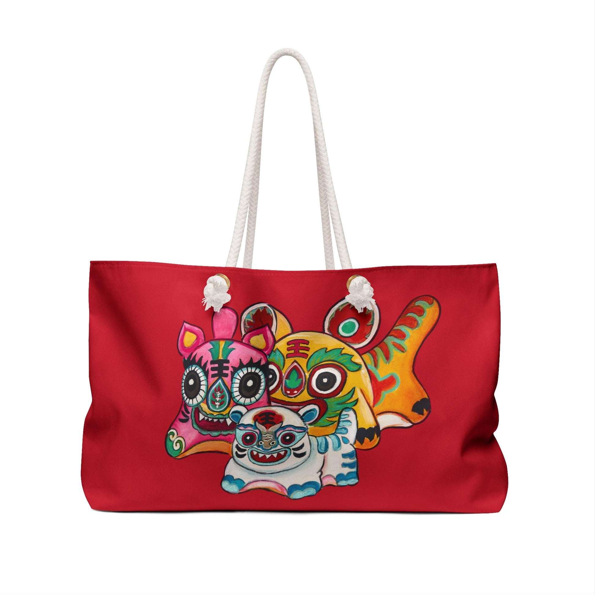 Chinese Horoscope Tiger Watercolor Art Lunar New Year Gift Colorful Tiger Folk Art Weekender | Red Travel Bag