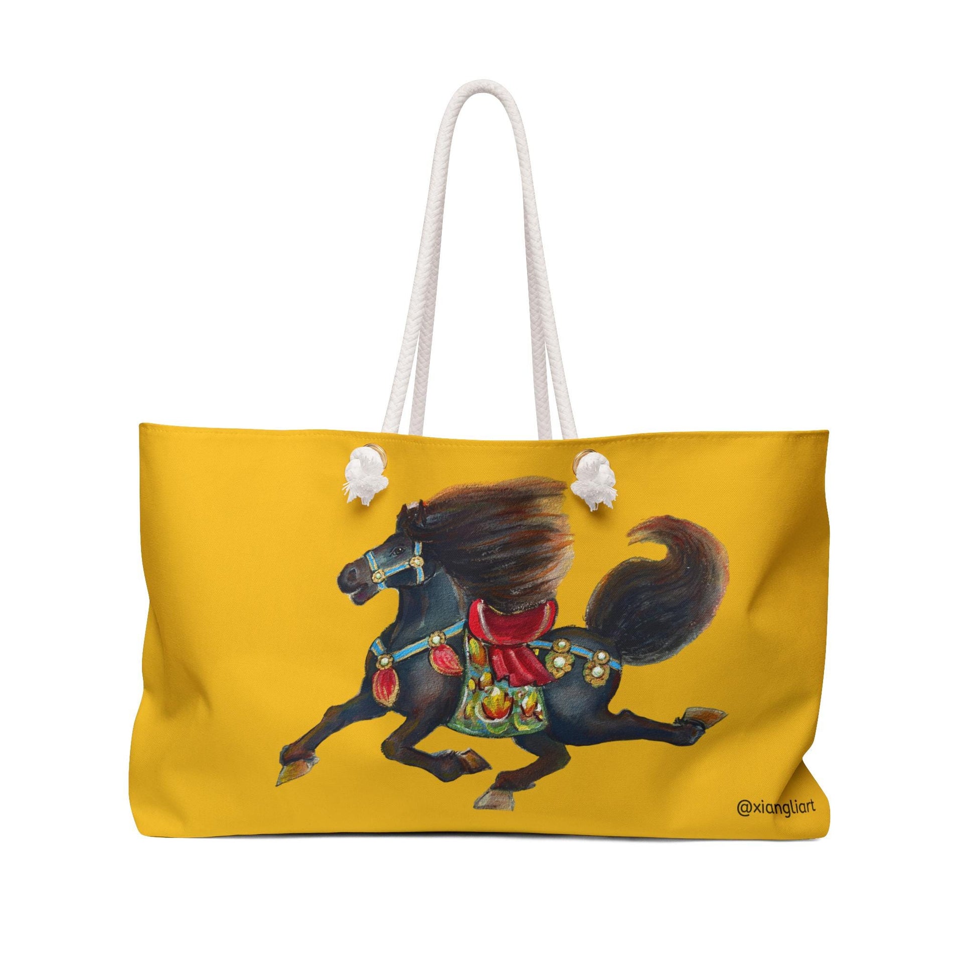 Chinese Horoscope Horse Lunar New Year 2026 Best Gift Decorative Carousel Horse Weekender Bag | Yellow Tote, Equestrian Art