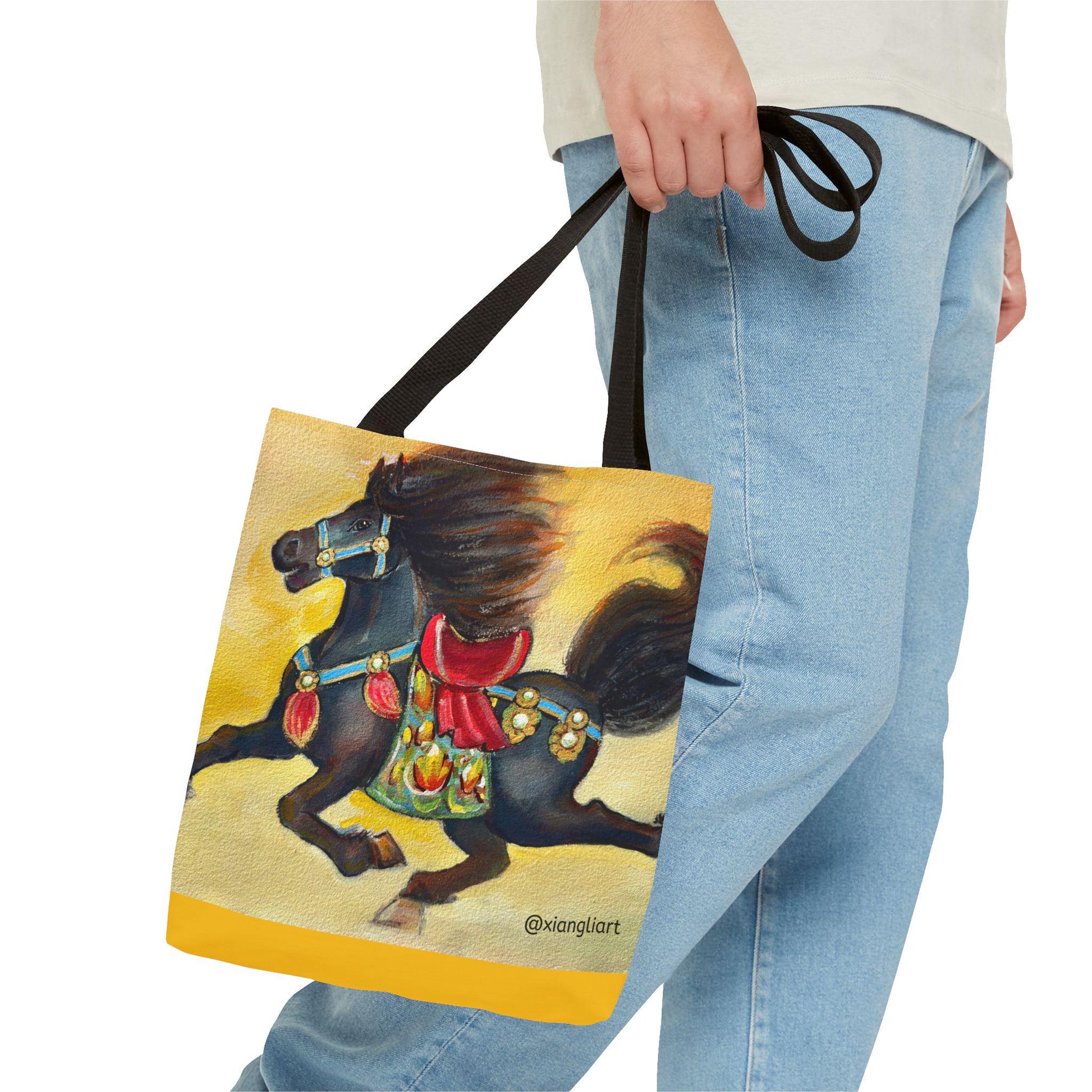 Chinese Horoscope Horse Lunar New Year 2026 Best Gift Black Carousel Horse Tote Bag | Colorful Saddle All-Over Print