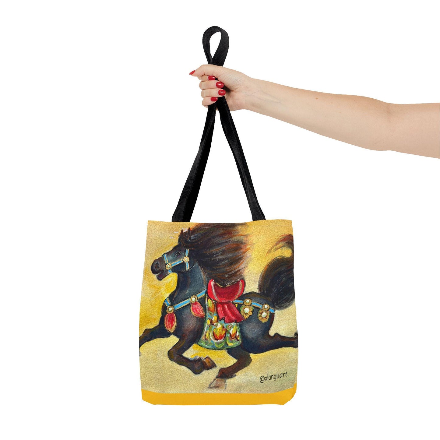 Chinese Horoscope Horse Lunar New Year 2026 Best Gift Black Carousel Horse Tote Bag | Colorful Saddle All-Over Print