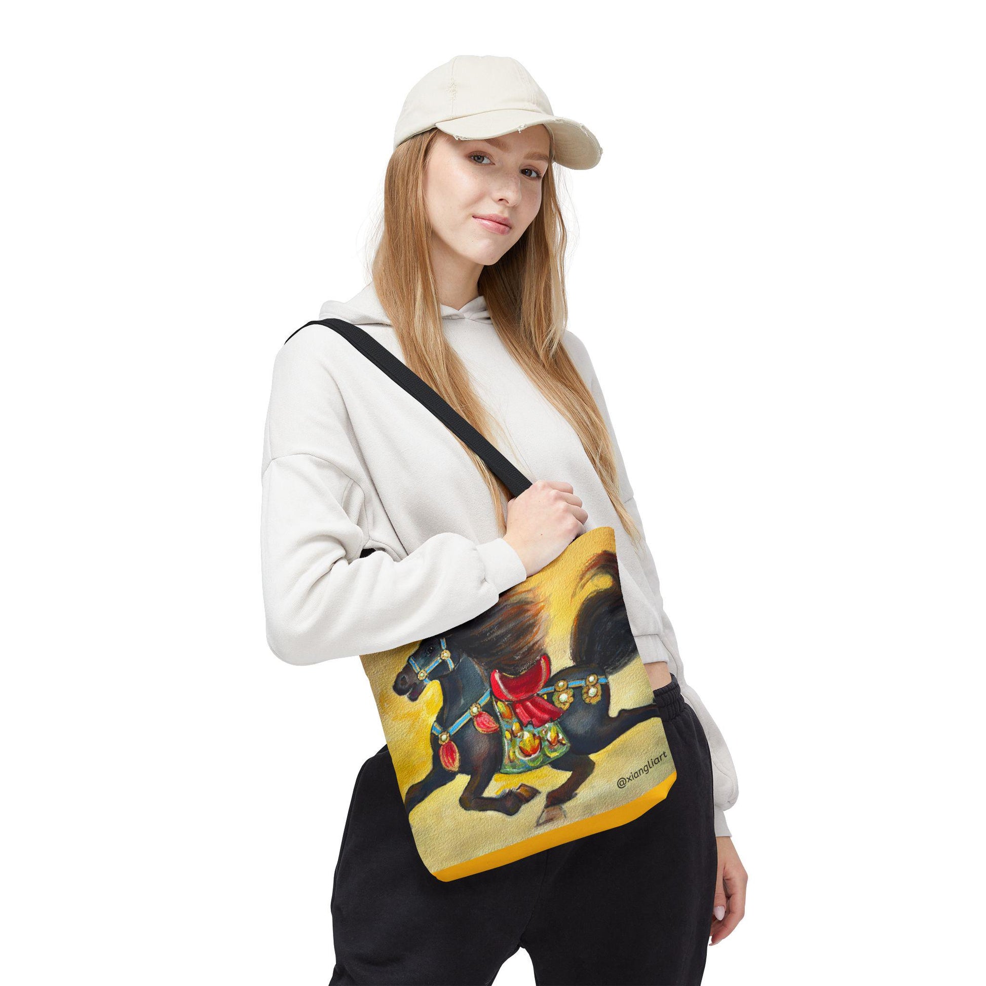 Chinese Horoscope Horse Lunar New Year 2026 Best Gift Black Carousel Horse Tote Bag | Colorful Saddle All-Over Print