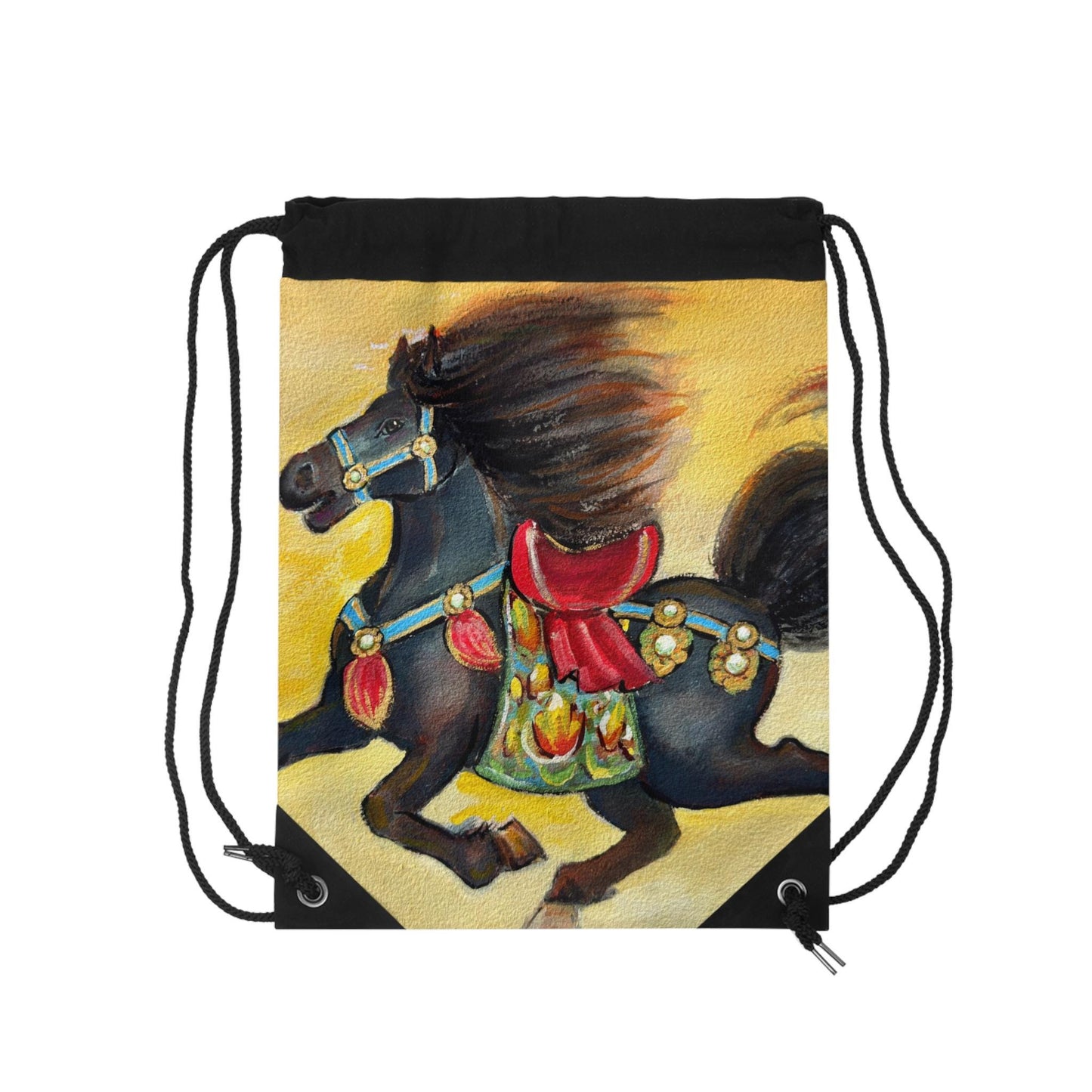Chinese Horoscope Horse Lunar New Year 2026 Best Gift Black Carousel Horse Drawstring Bag | Vintage Carousel Artwork