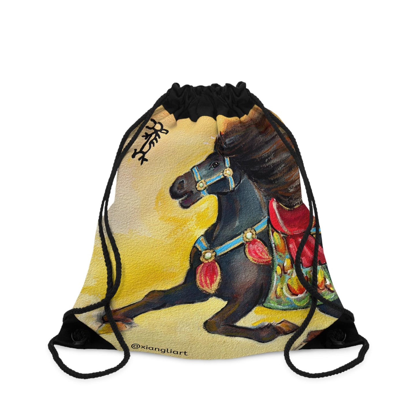 Chinese Horoscope Horse Lunar New Year 2026 Best Gift Black Carousel Horse Drawstring Bag | Vintage Carousel Artwork