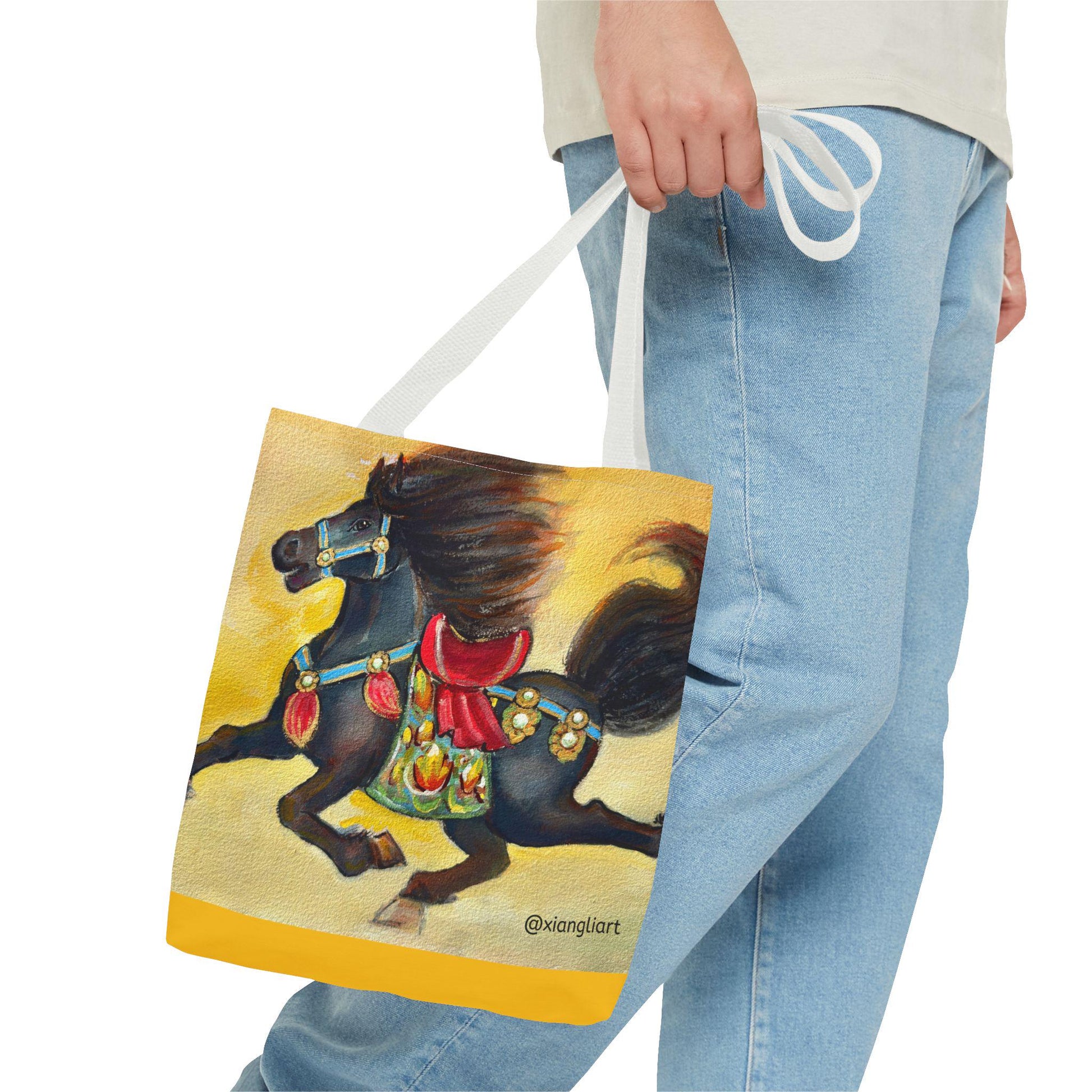 Chinese Horoscope Horse Lunar New Year 2026 Best Gift Black Carousel Horse Tote Bag | Colorful Saddle All-Over Print