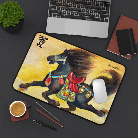 Chinese Horoscope Horse, Lunar New Year 2026, Best Gift, Black Decorative Horse Desk Mat | Painted Running Horse Art Mouse Pad