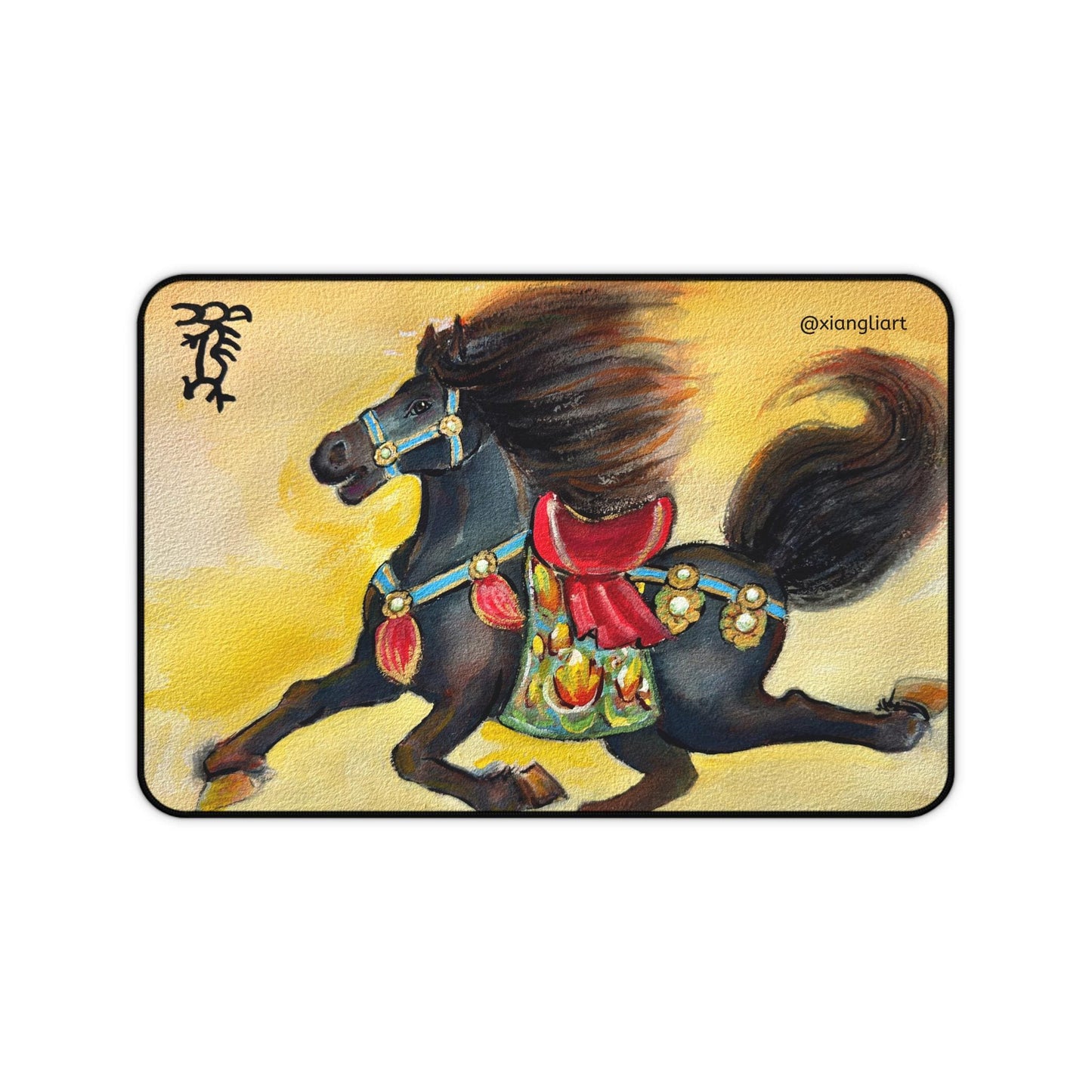 Chinese Horoscope Horse, Lunar New Year 2026, Best Gift, Black Decorative Horse Desk Mat | Painted Running Horse Art Mouse Pad