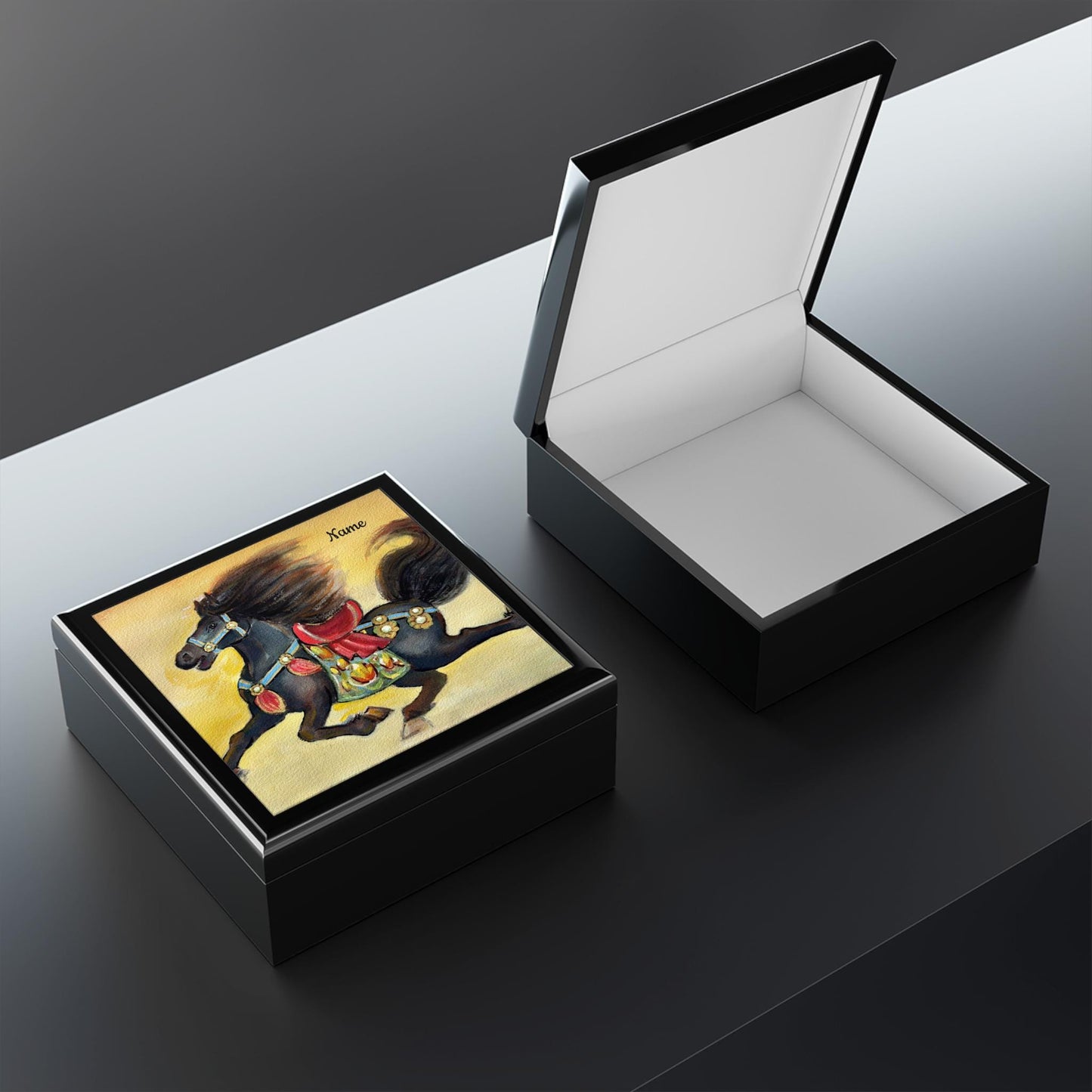 Wooden Jewelry Box with Year of the Horse Design | Chinese New Year 2026 Gift, Watercolor Horse by Xiang Li, Personalized Keepsake Box