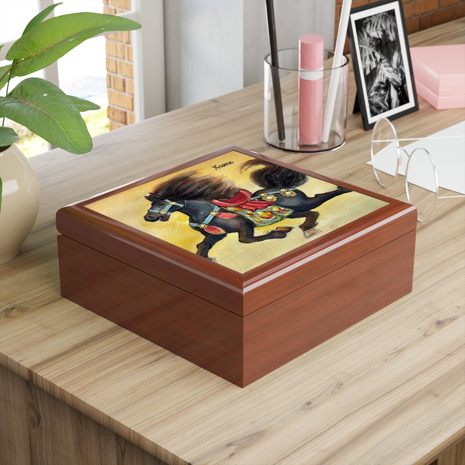 Wooden Jewelry Box with Year of the Horse Design | Chinese New Year 2026 Gift, Watercolor Horse by Xiang Li, Personalized Keepsake Box