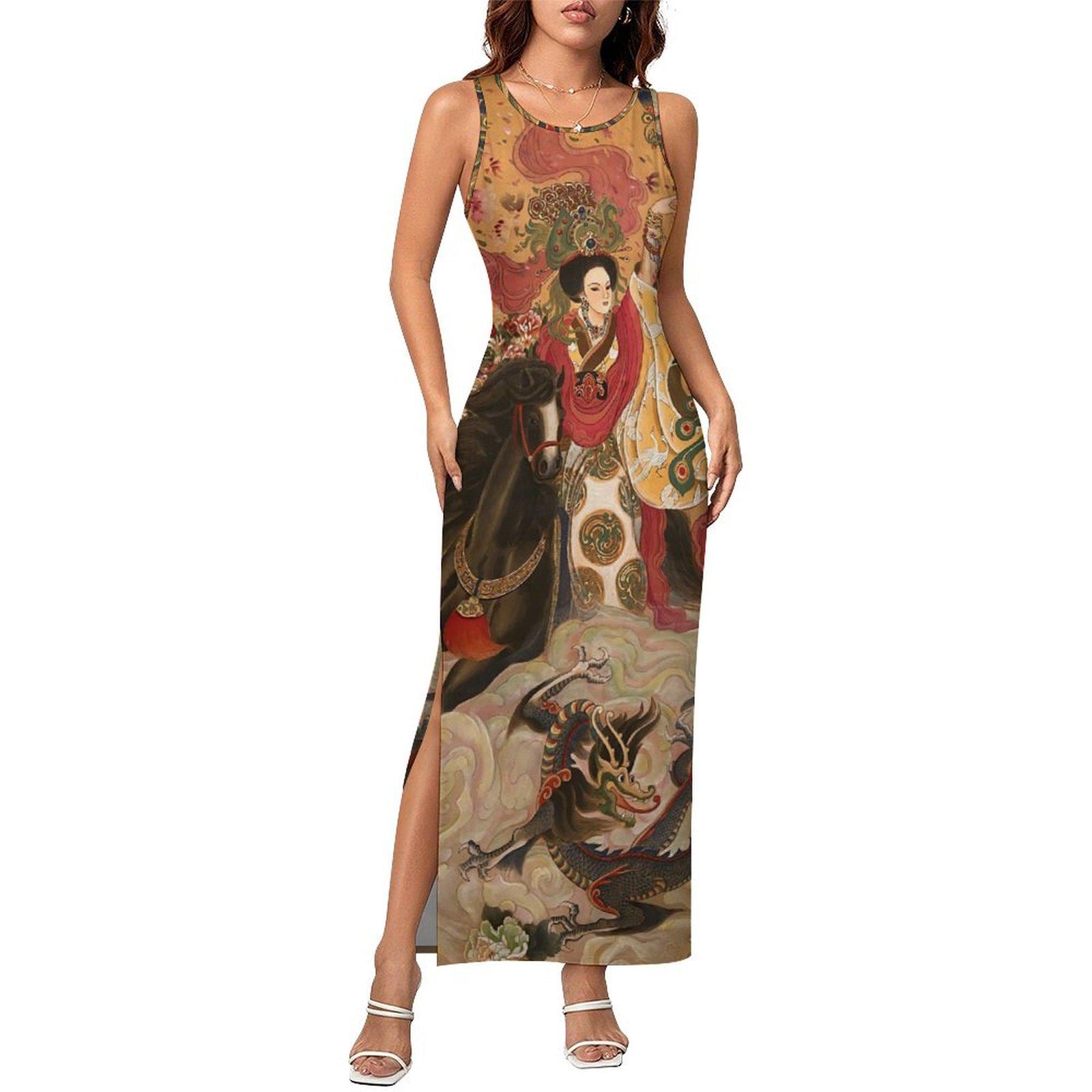 Slit Fitted Camisole Cheongsam with Chinese Empress on horse watercolor painting
