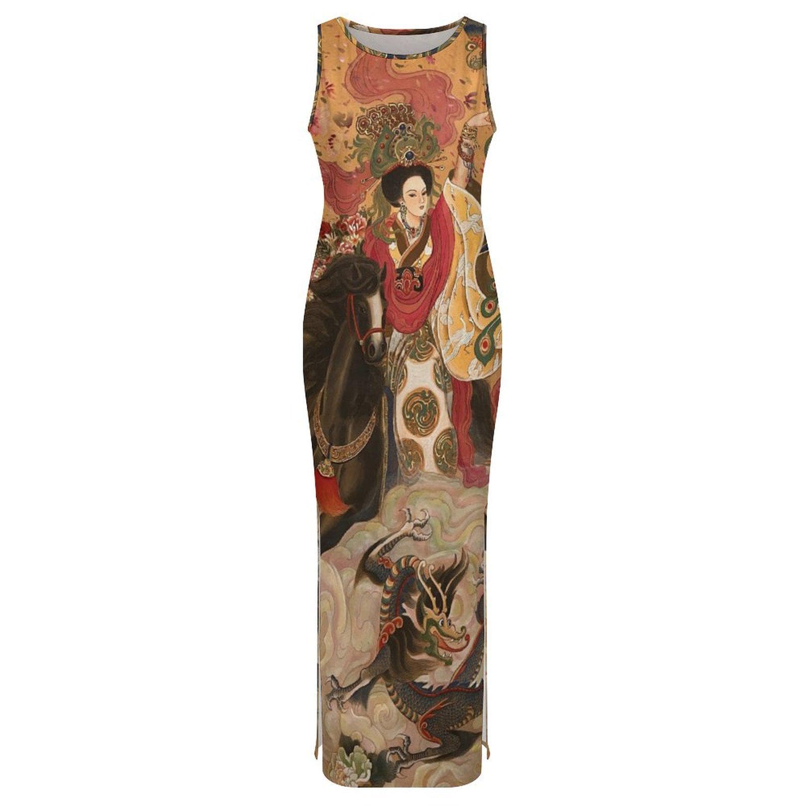 Slit Fitted Camisole Cheongsam with Chinese Empress on horse watercolor painting