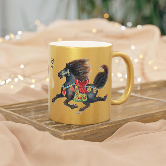 Galloping Chinese Horse Lunar New Year 2026 Metallic Mug | Silver Gold shimmer ceramic cup