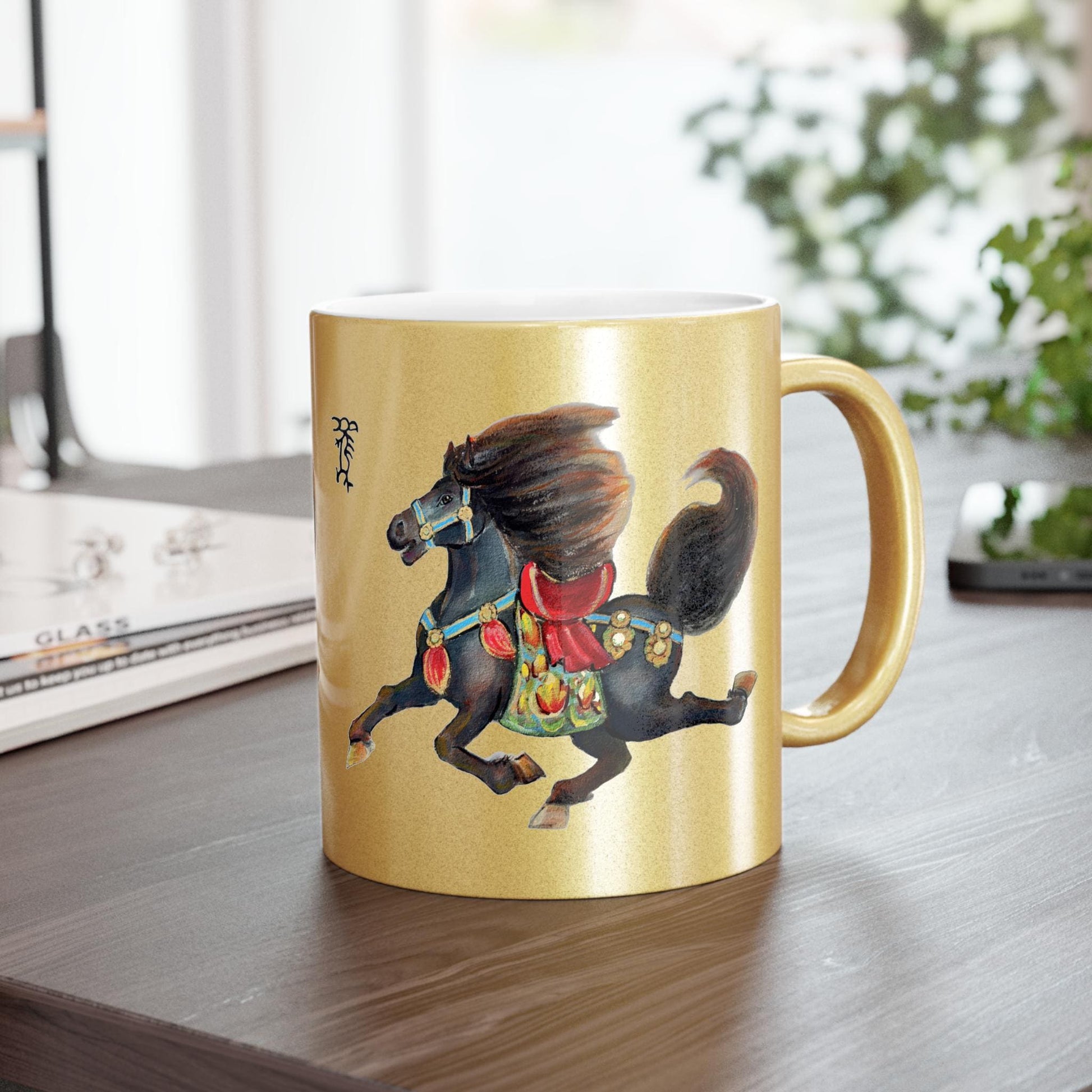 Galloping Chinese Horse Lunar New Year 2026 Metallic Mug | Silver Gold shimmer ceramic cup